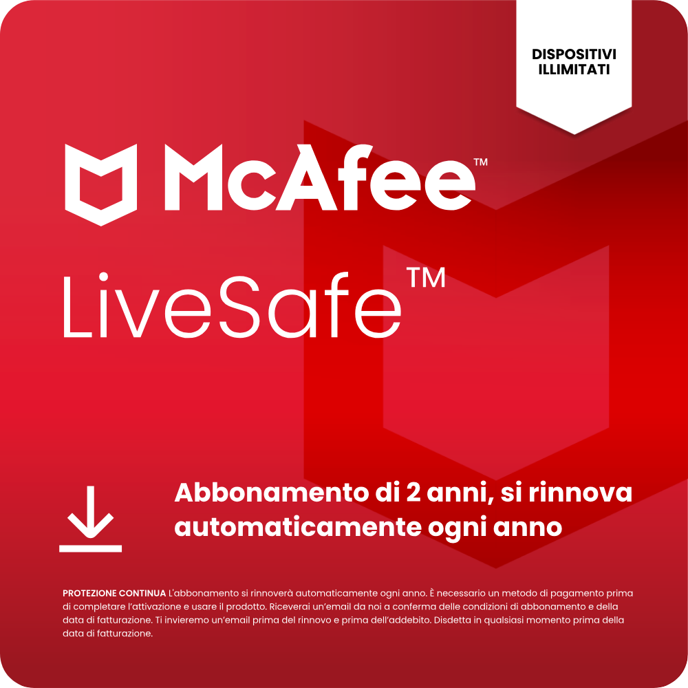 McAfee LiveSafe con dispositivi illimitati e abbonamento di 2 anni.