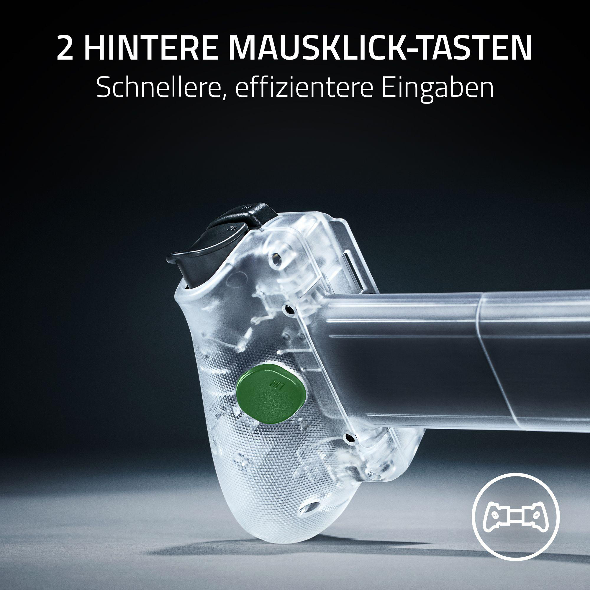 Transparenter Controller mit grüner Taste und zwei Maus-Klick-Tasten.