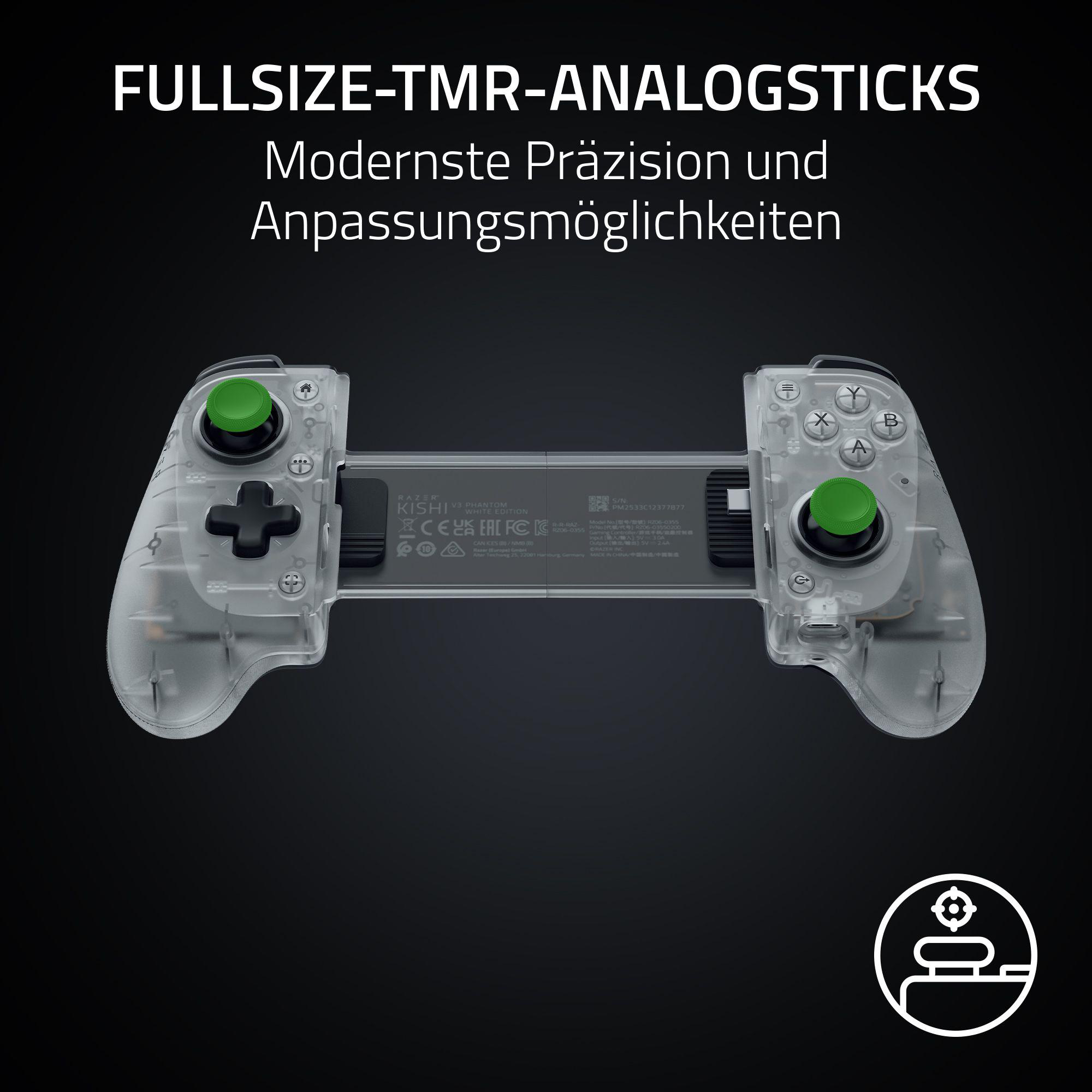 Transparenter Controller mit grünen Joysticks und Tasten auf schwarzem Hintergrund.
