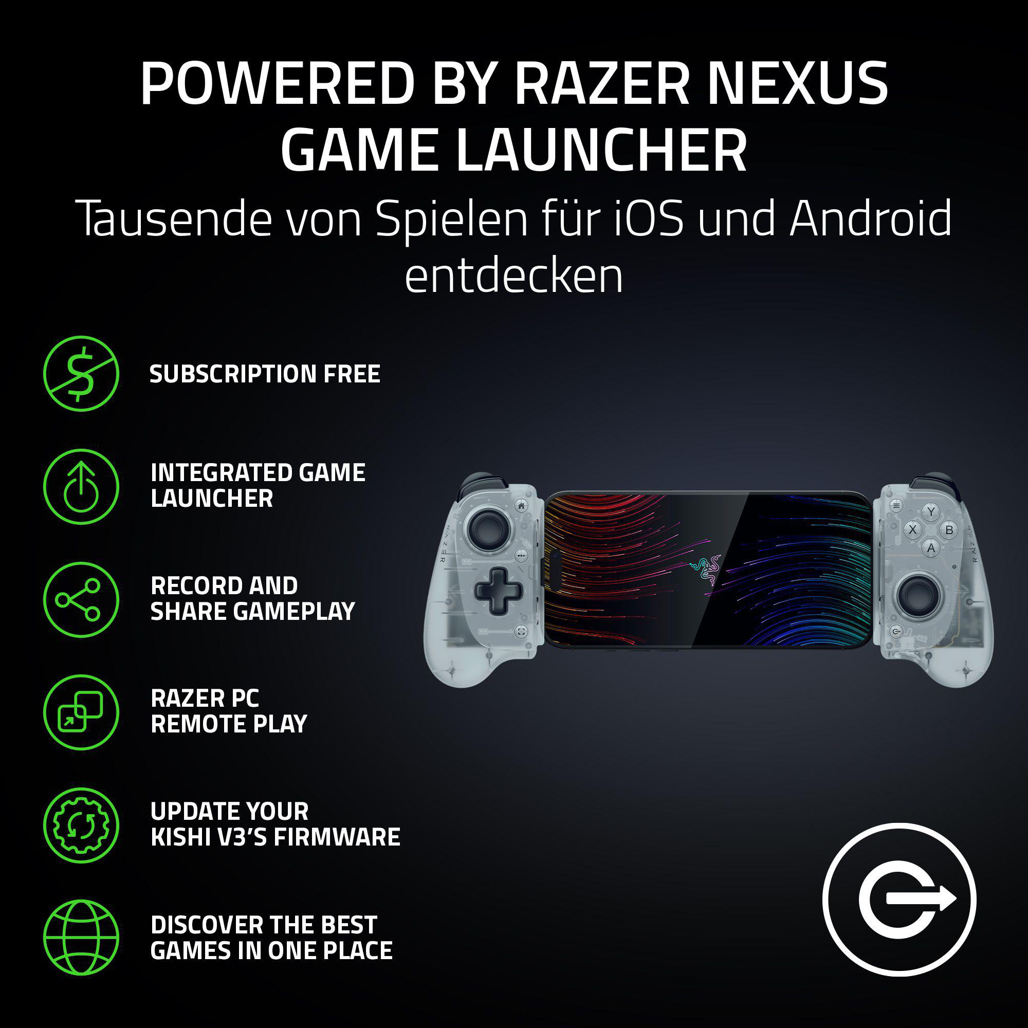 Razer Kishi V3 mit Smartphone-Halterung, Spiel-Launcher-Funktionen.