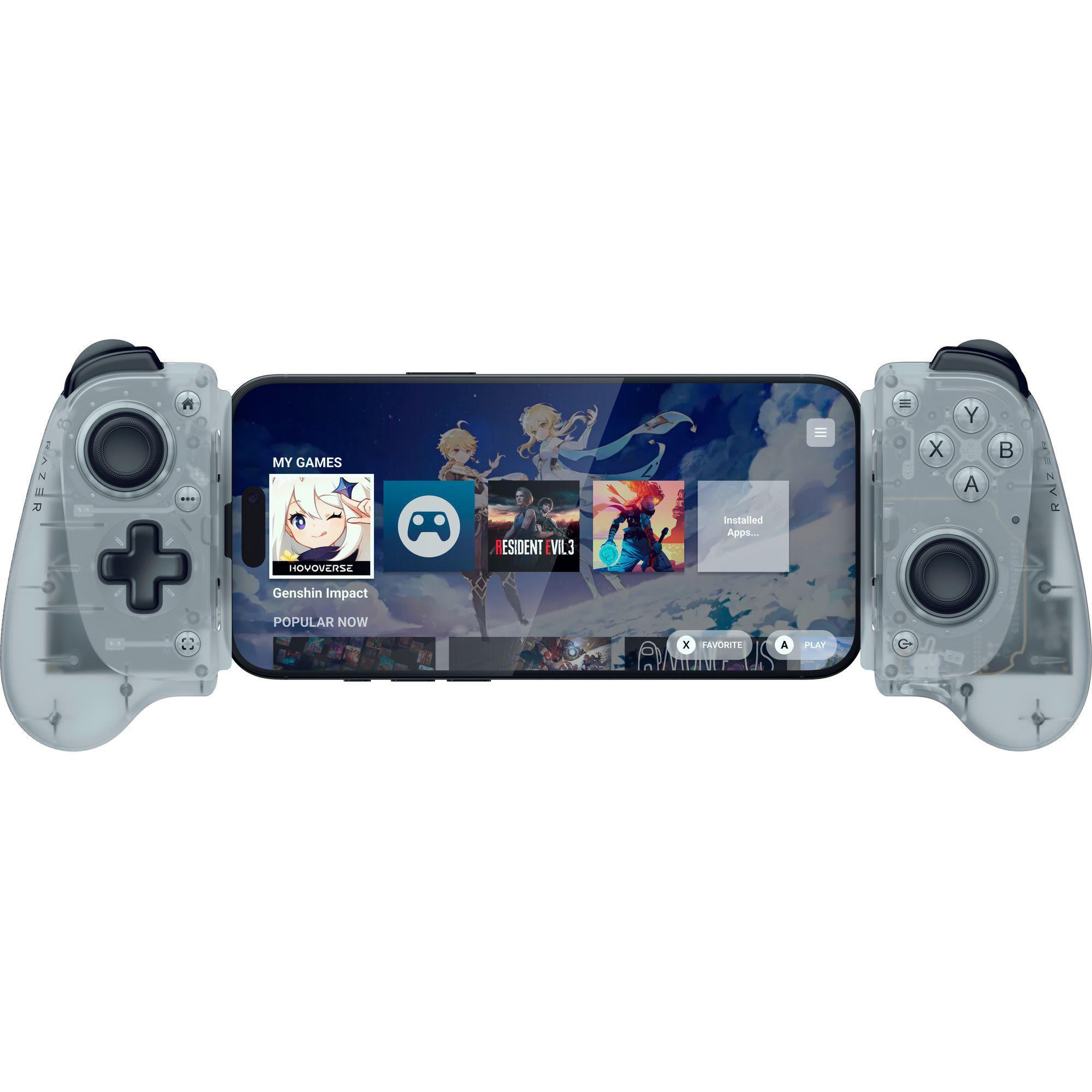 Ein Smartphone mit transparentem Controller-Aufsatz, zeigt Spiele-Icons.