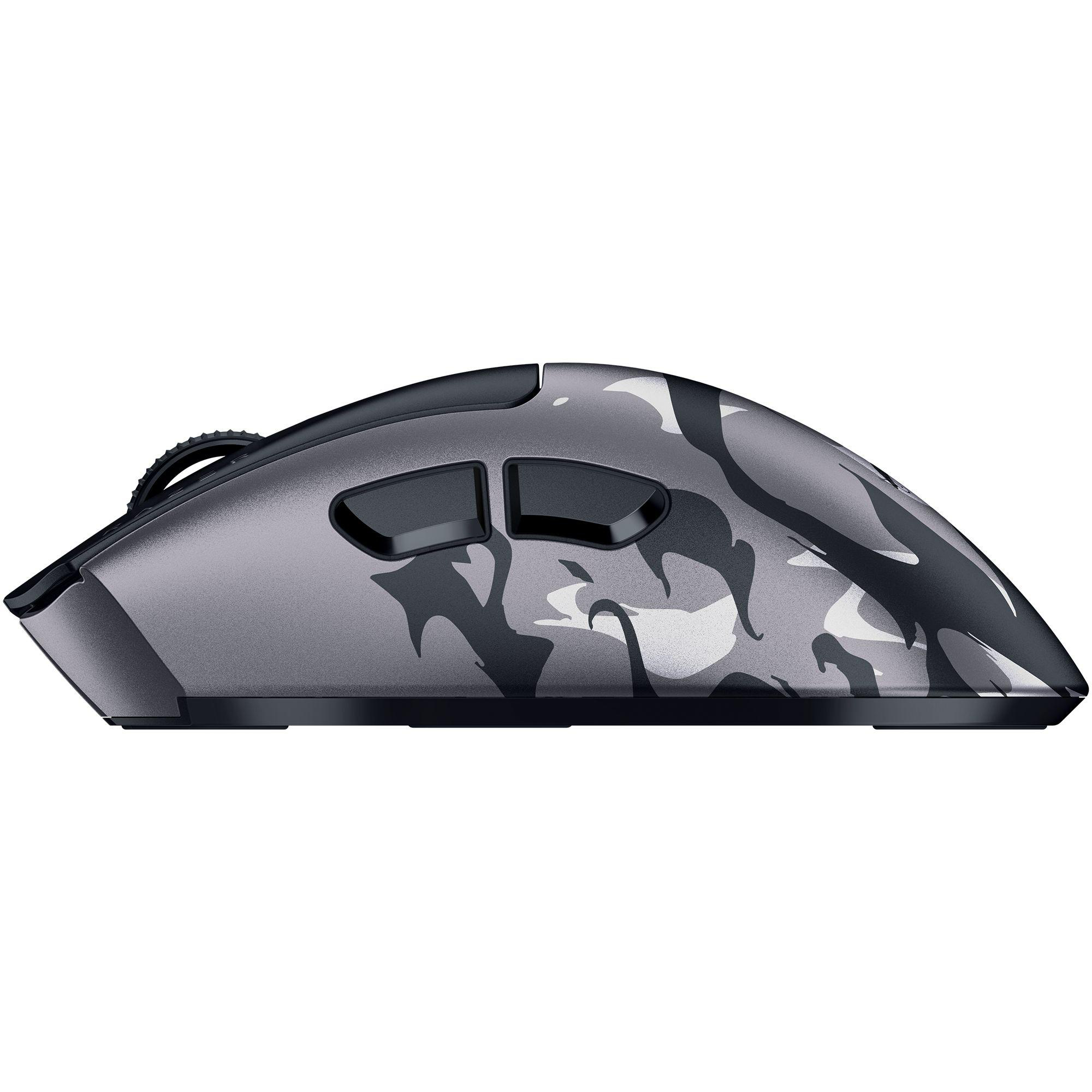 Graue Tarnmuster-Gaming-Maus mit Scrollrad und zwei Tasten.