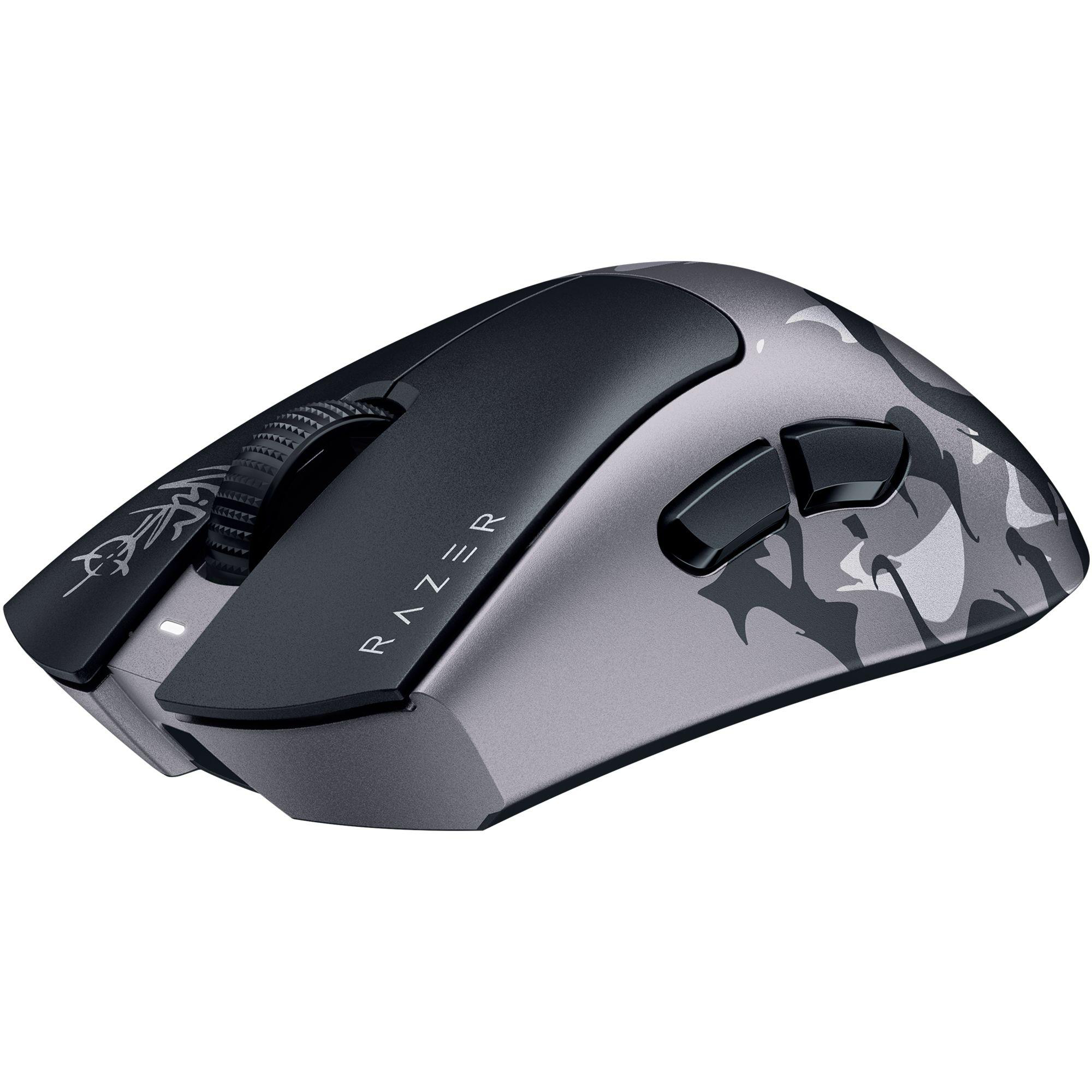 Graue Razer Gaming-Maus mit Tarnmuster und schwarzen Tasten.