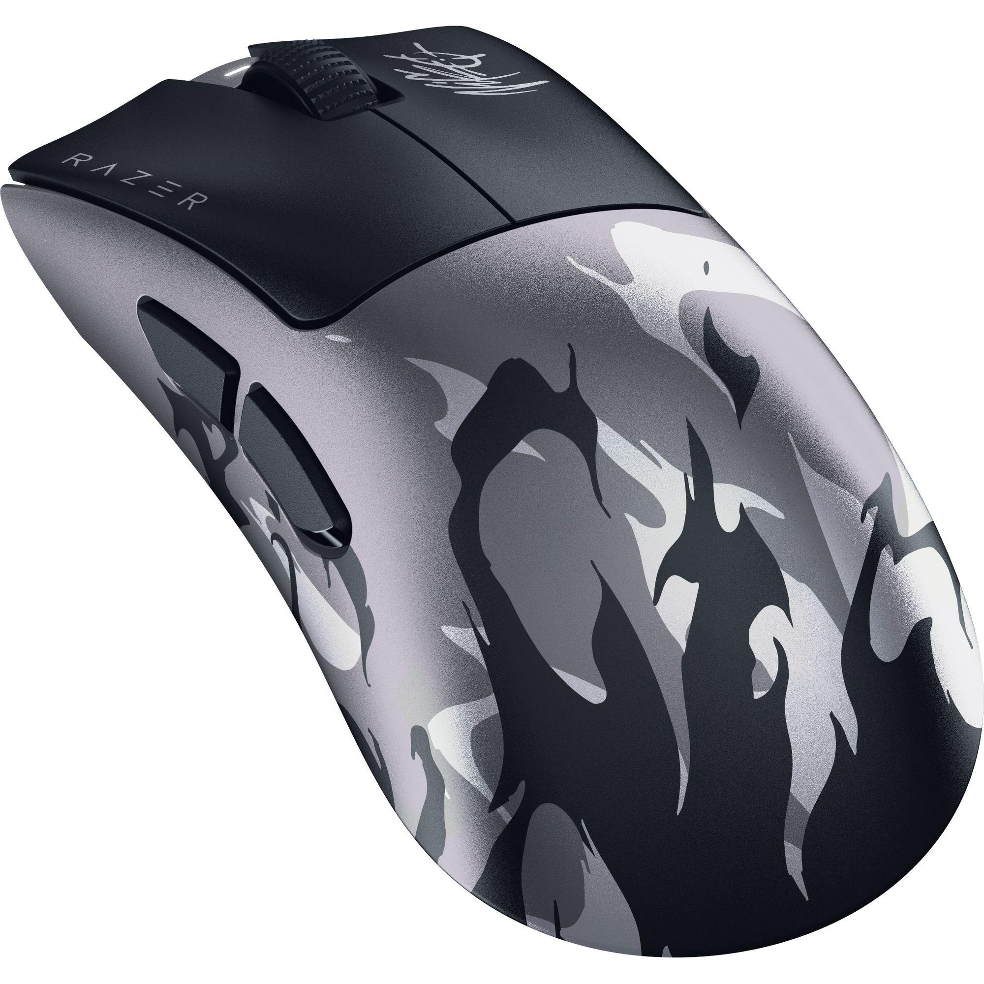 Graue und schwarze Tarn-Gaming-Maus mit Razer-Logo und Scrollrad.