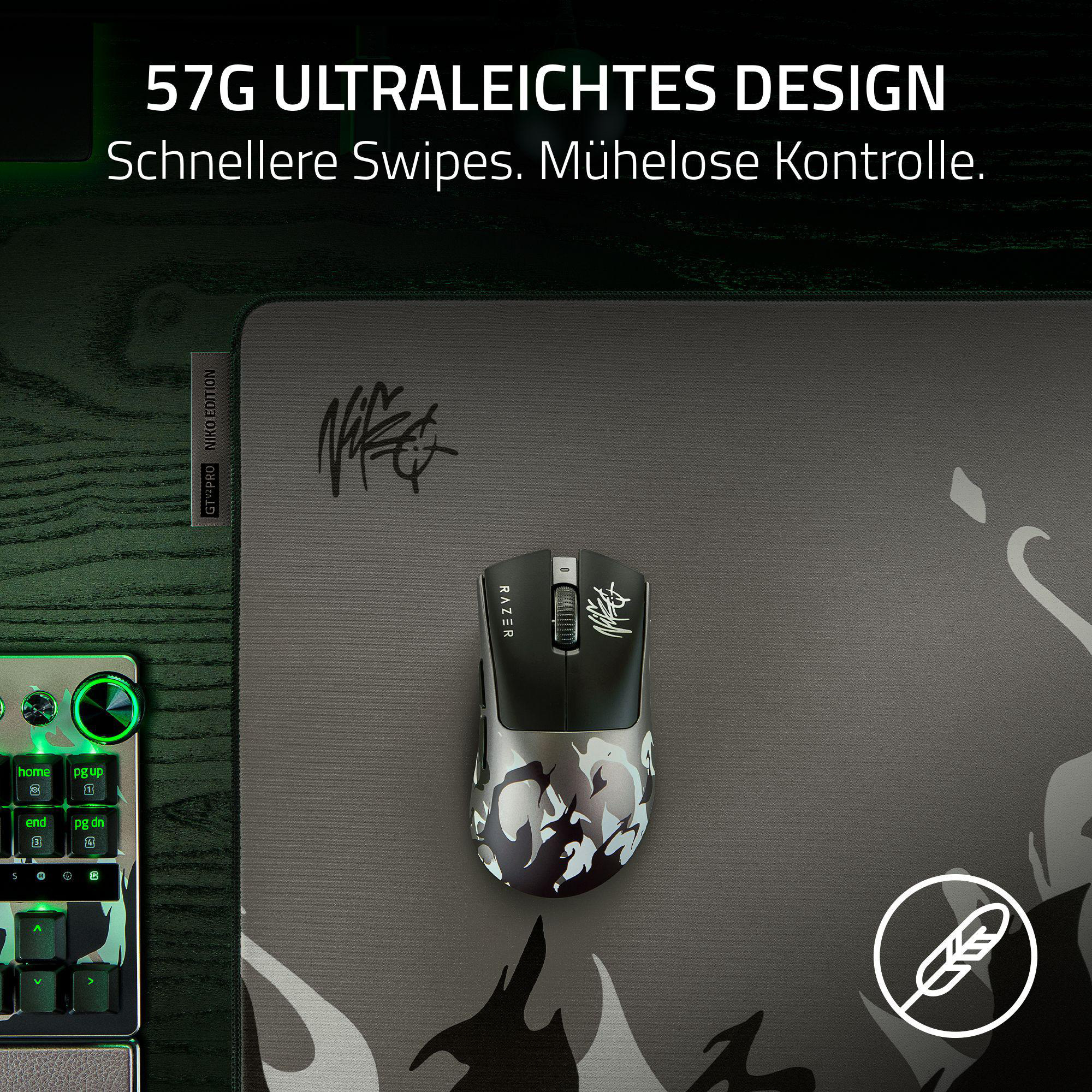 Ein Razer Gaming-Maus und Tastatur auf einer Mausmatte mit NIKOPRO-Edition-Design.