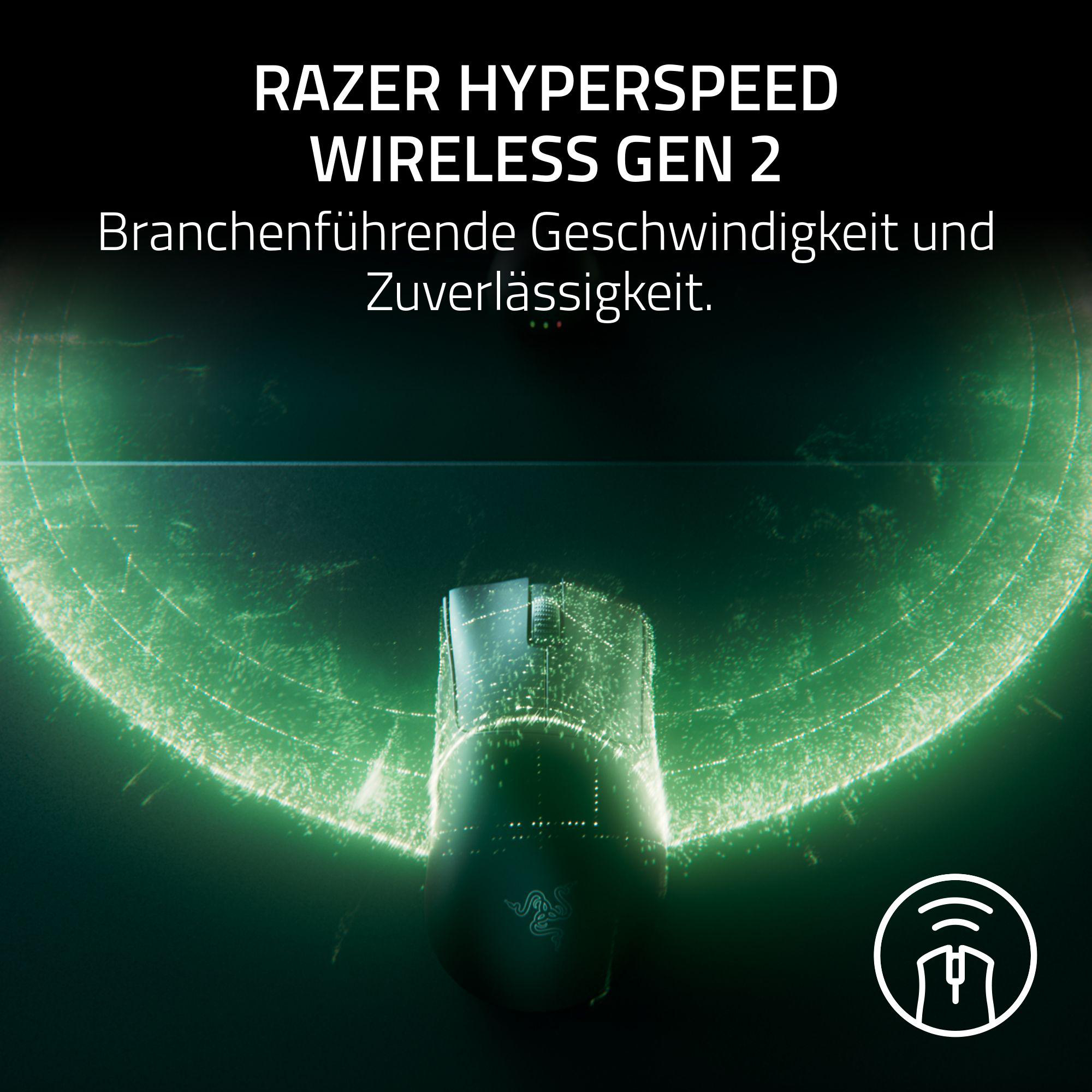 Razer Hyperspeed Wireless Gen 2 Maus mit grünen Lichteffekten und Symbol.