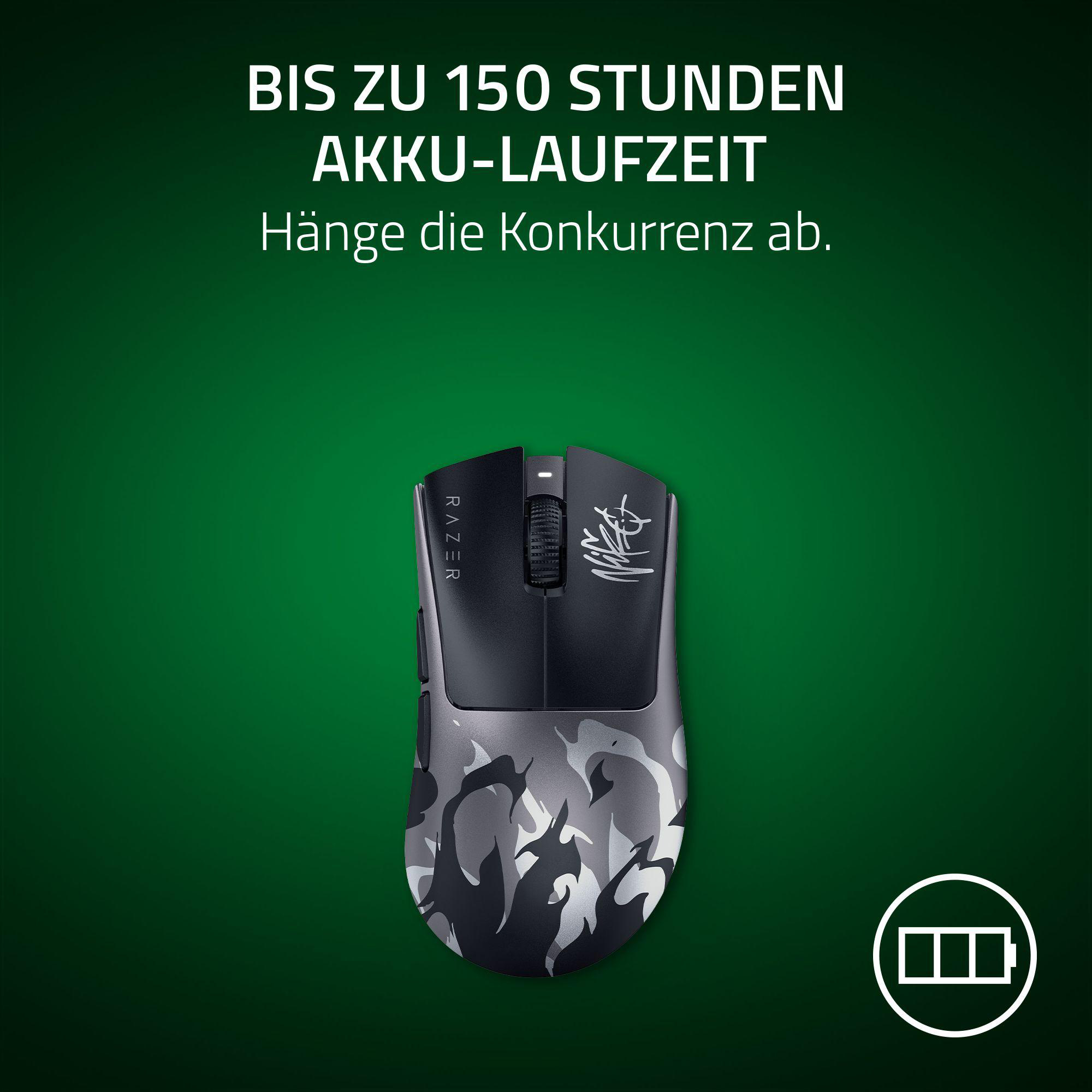 Razer Gaming-Maus mit Tarnmuster, Akkusymbol rechts.