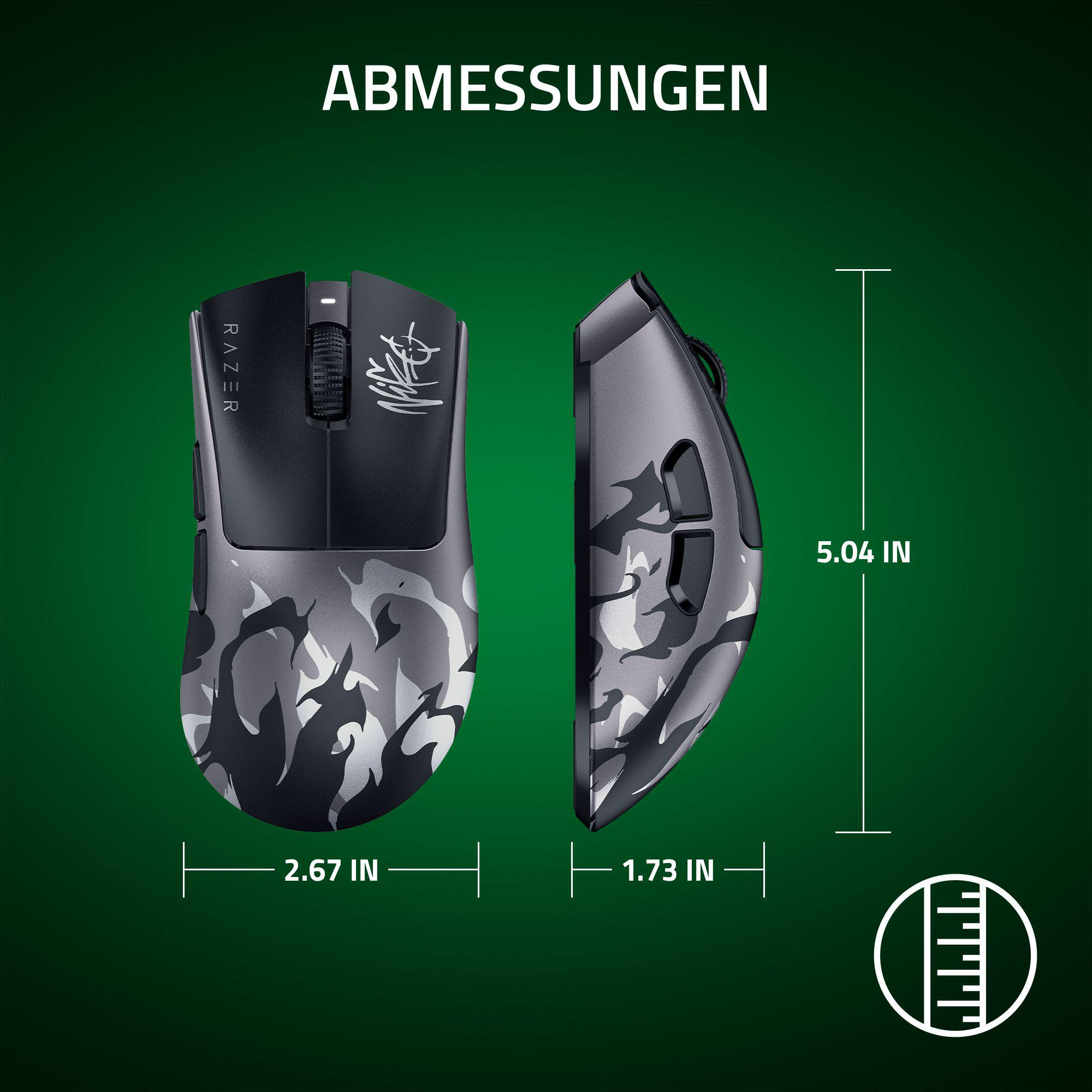Gaming-Maus mit Camouflage-Muster: 2,67 Zoll breit, 1,73 Zoll tief, 5,04 Zoll hoch.