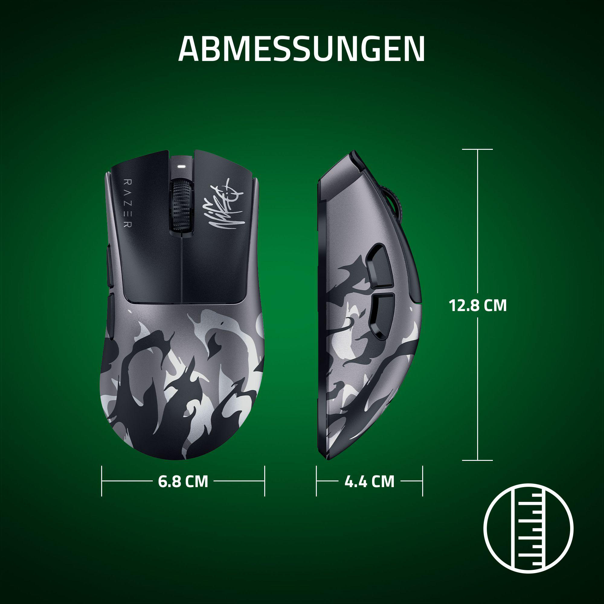 Razer Maus in Grau-Tarnmuster. Maße: L 12,8 cm, B 6,8 cm, H 4,4 cm.