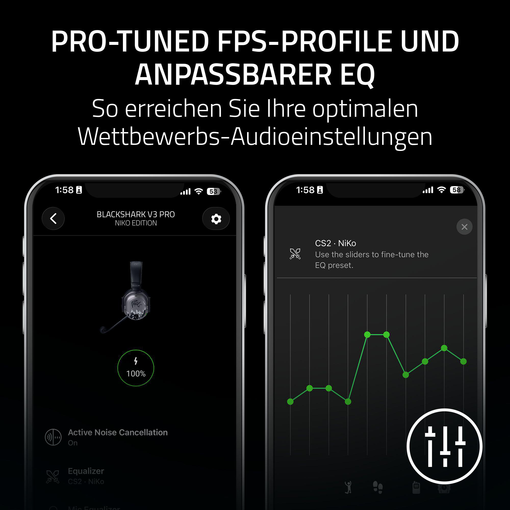 Zwei Smartphone-Bildschirme mit Kopfhörer-App-Einstellungen und EQ-Diagramm.