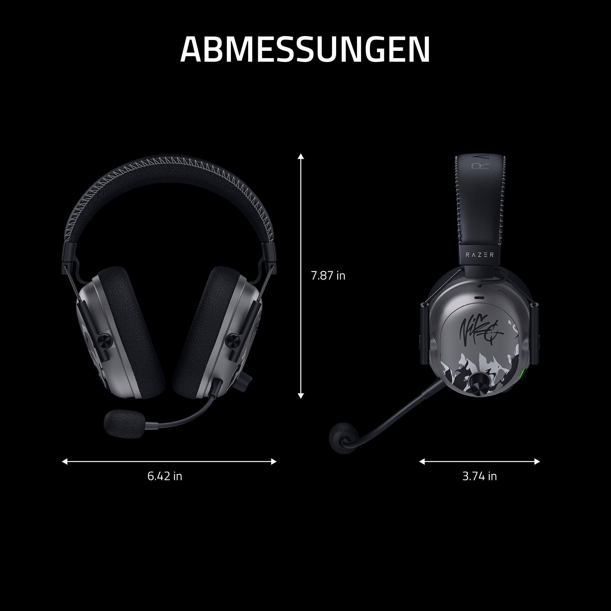 Zwei Razer-Kopfhörer mit Mikrofon, links und rechts, mit Größenangaben.