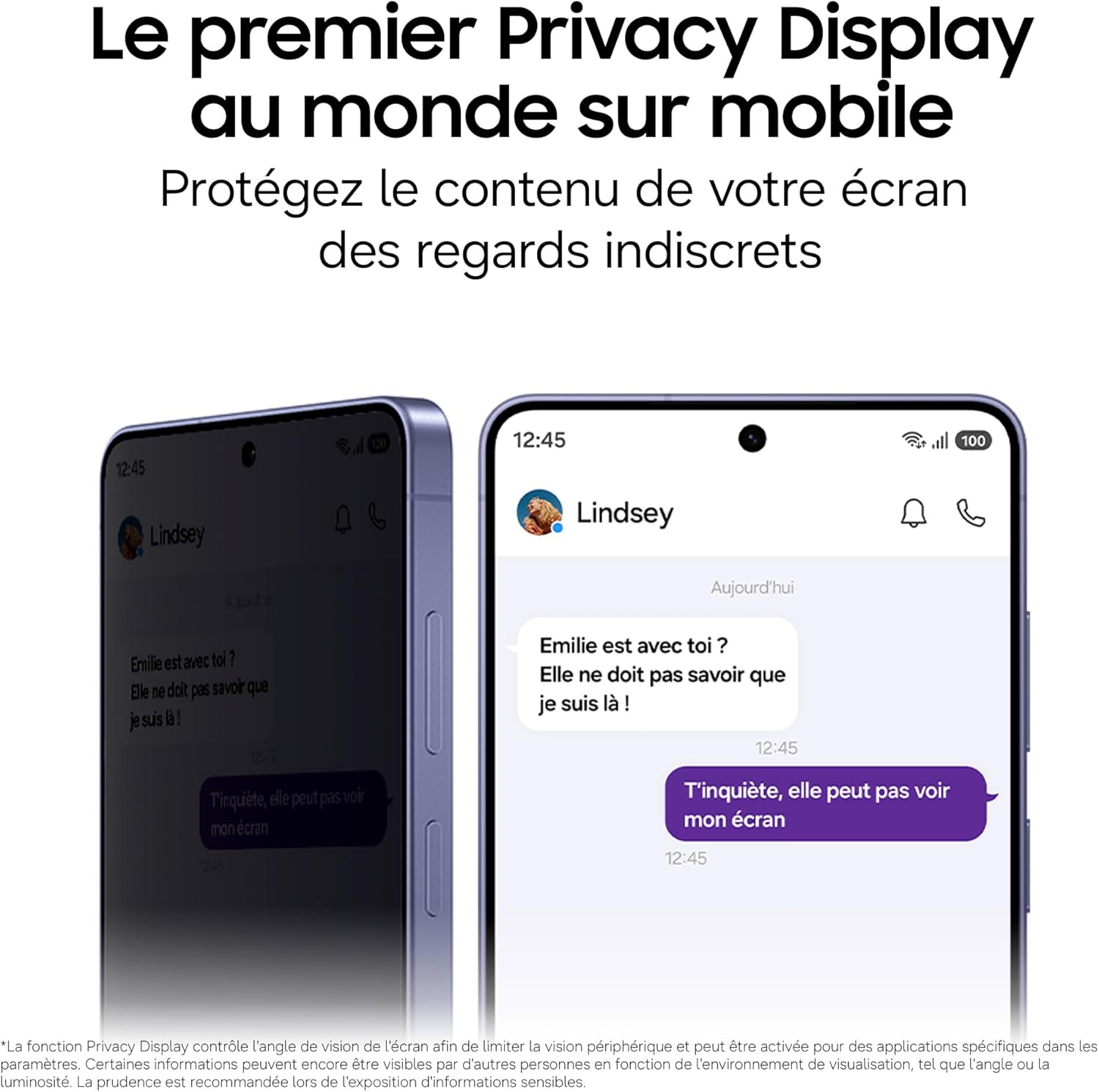 Deux téléphones affichent un chat. Un écran est assombri pour la vie privée.