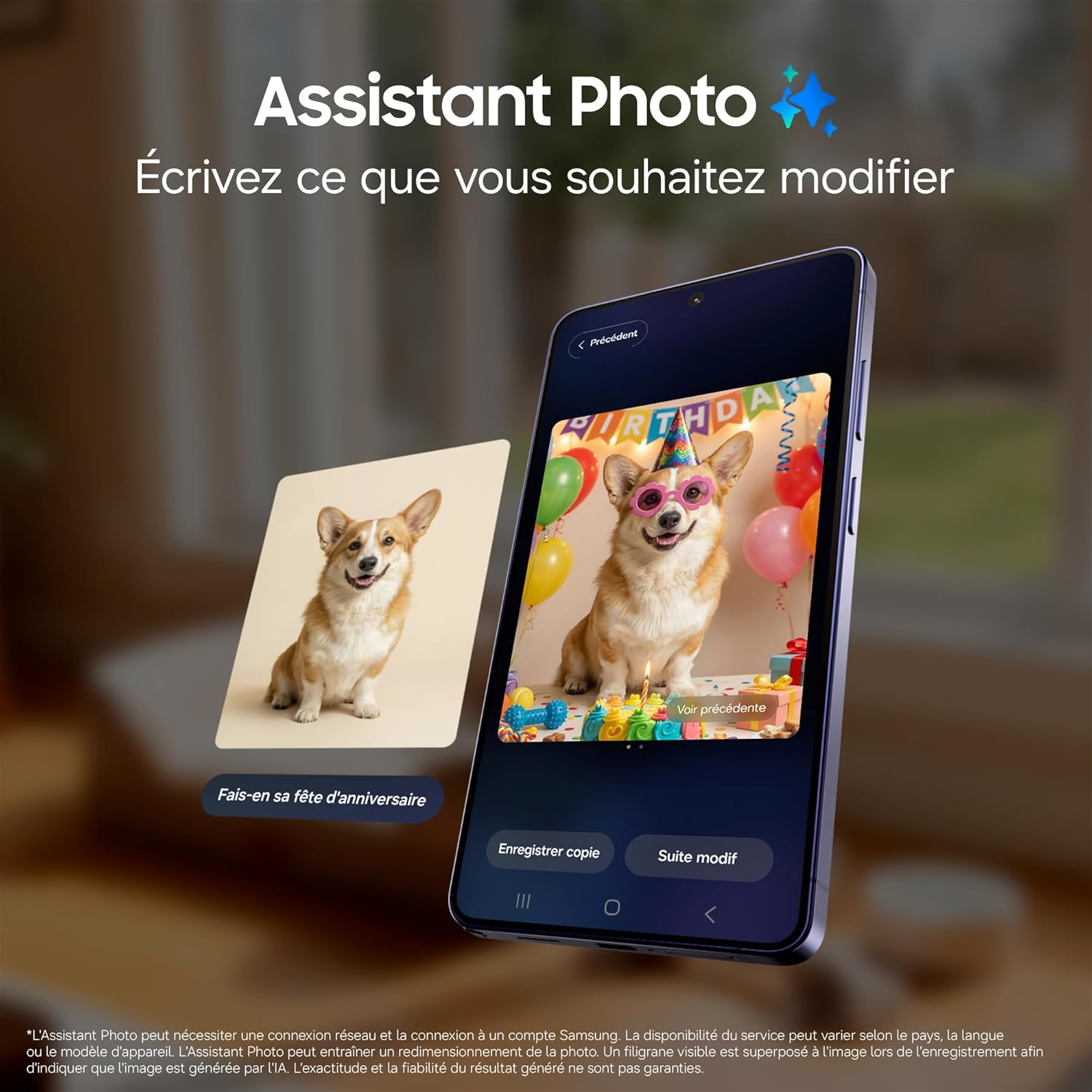 Un corgi avec un chapeau de fête et des lunettes sur un écran de téléphone.