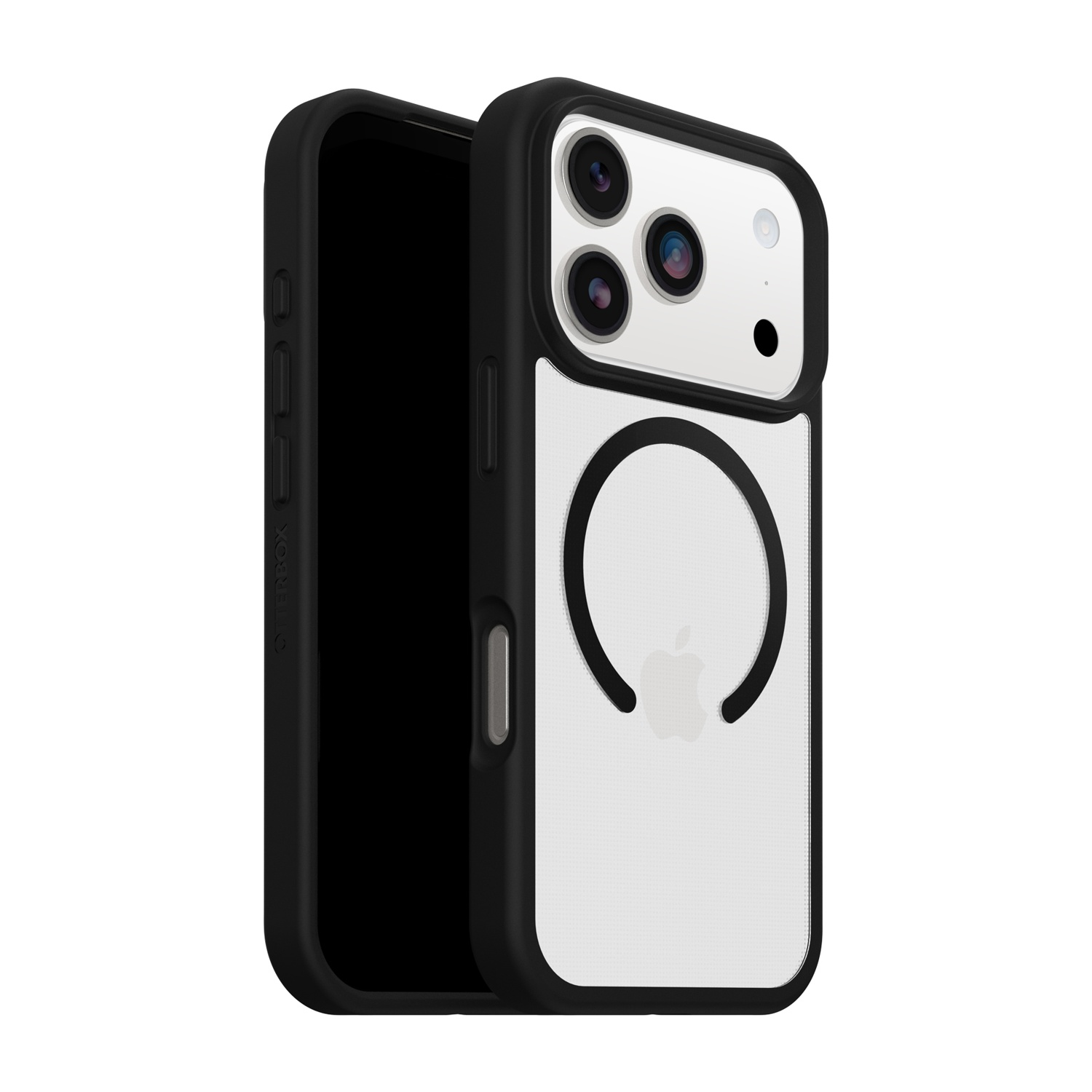 Custodia nera per iPhone con retro bianco e logo Apple.