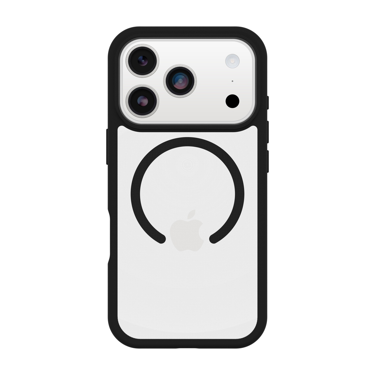 Custodia bianca per iPhone con bordo nero e tre obiettivi.