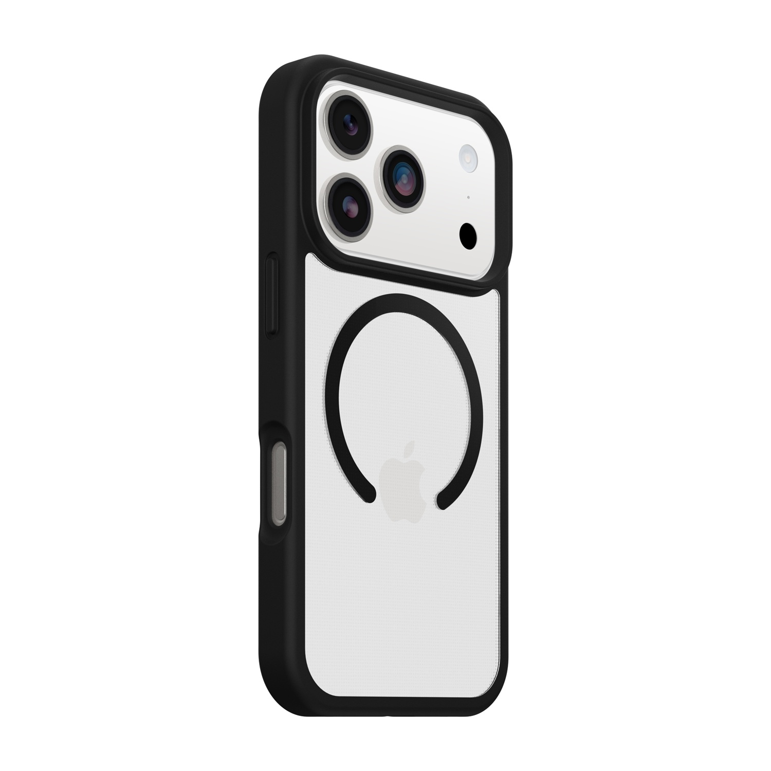 Custodia nera per iPhone con retro trasparente e logo Apple.