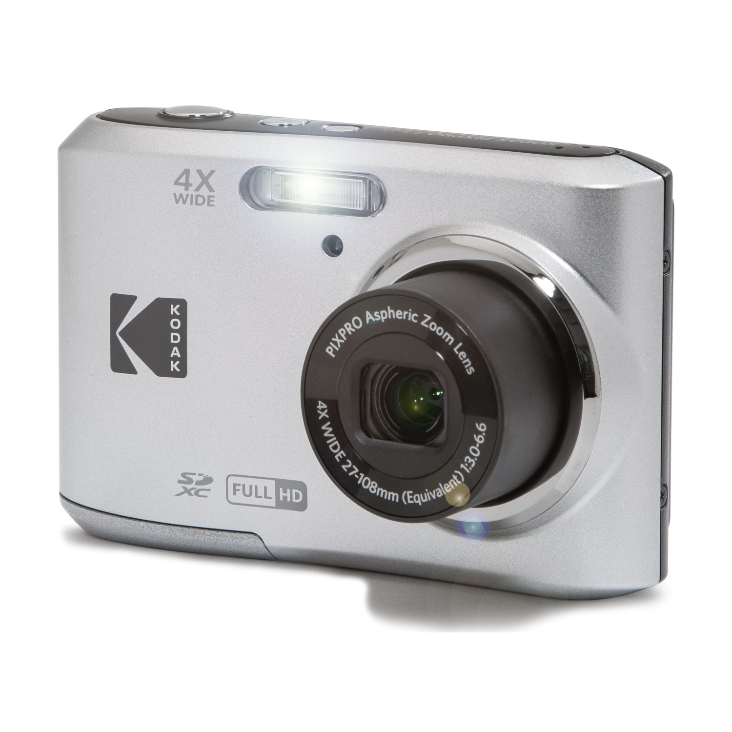 Fotocamera digitale Kodak argentata con zoom grandangolare 4x e flash.