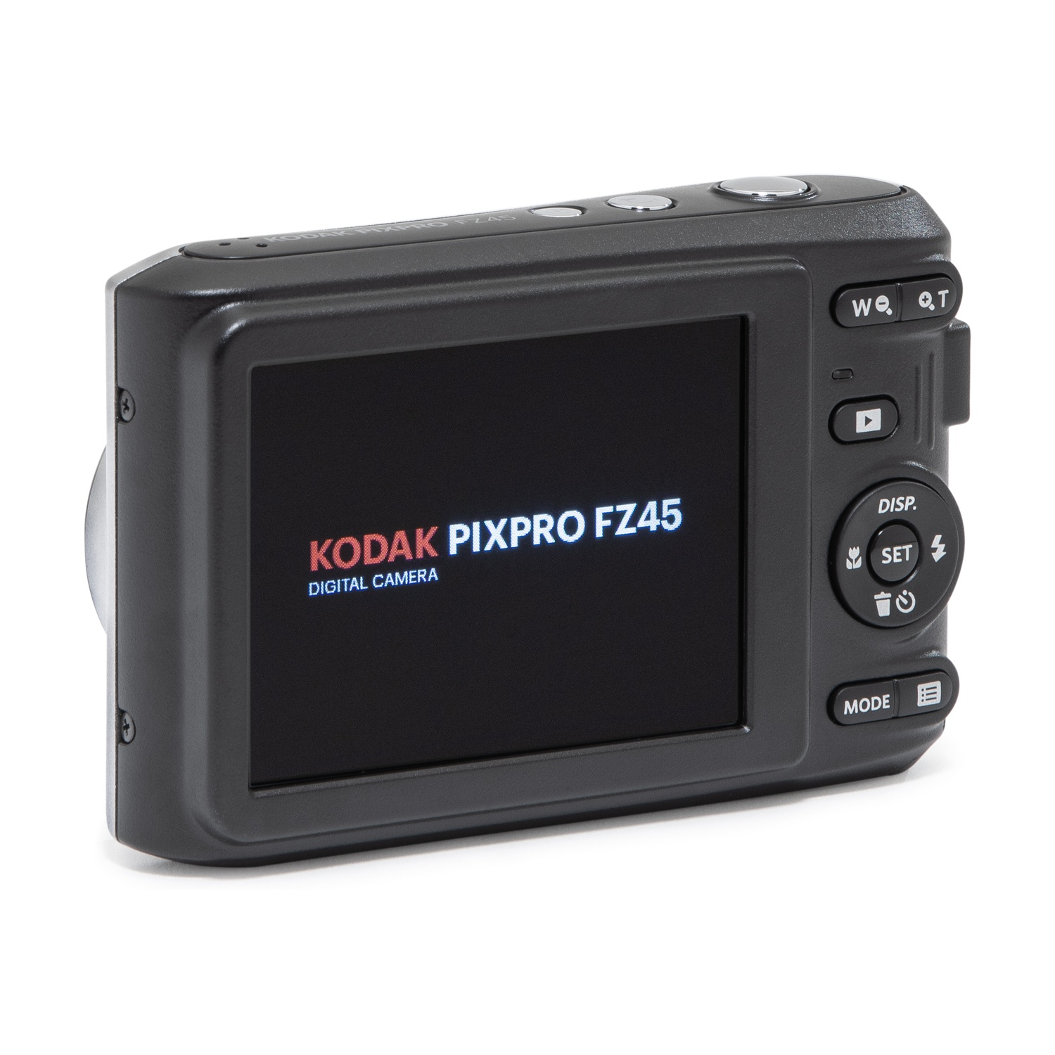 Una fotocamera digitale nera con la scritta KODAK PIXPRO FZ45 sul display.