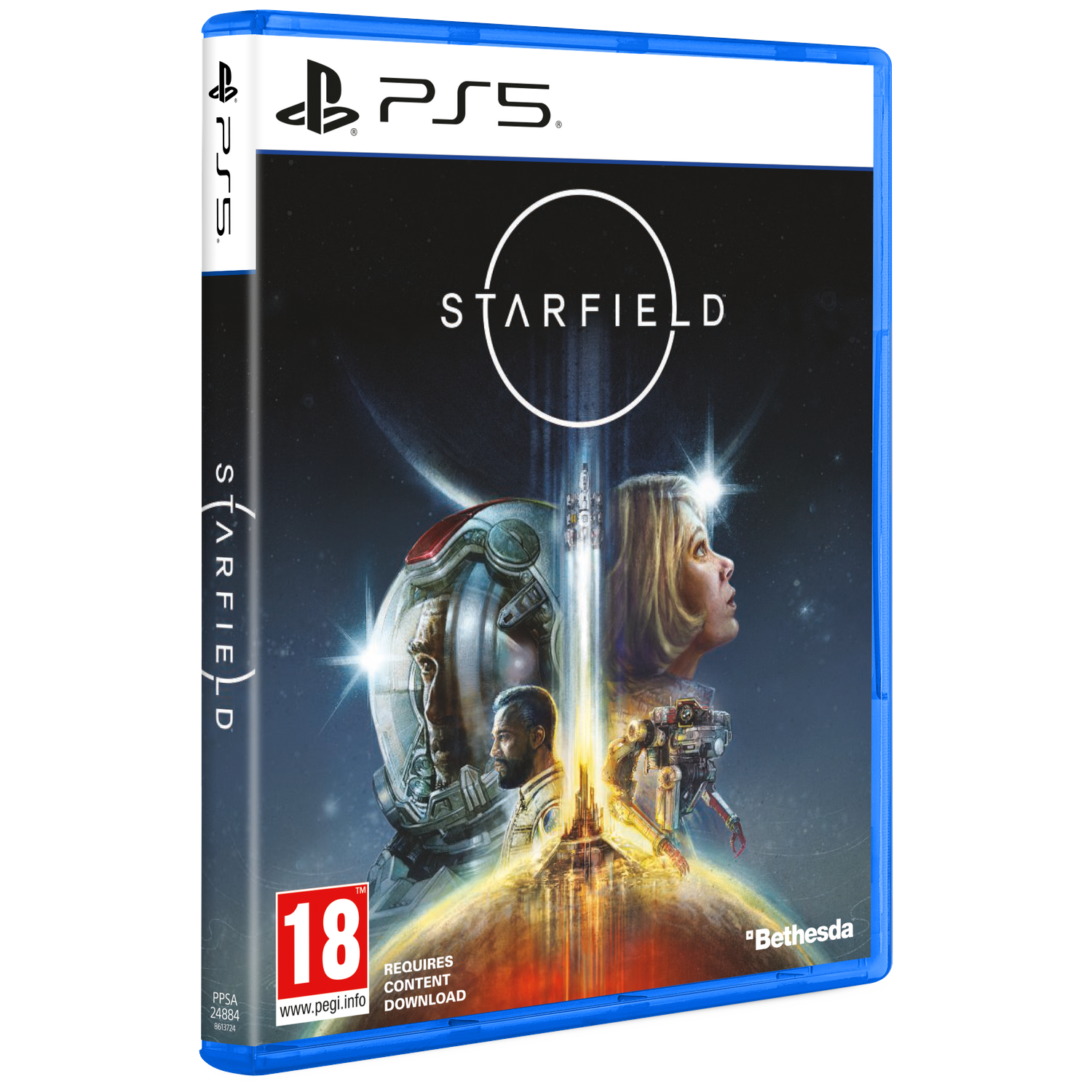 PS5 Starfield game cover: two astronauts, space, and a futuristic city.