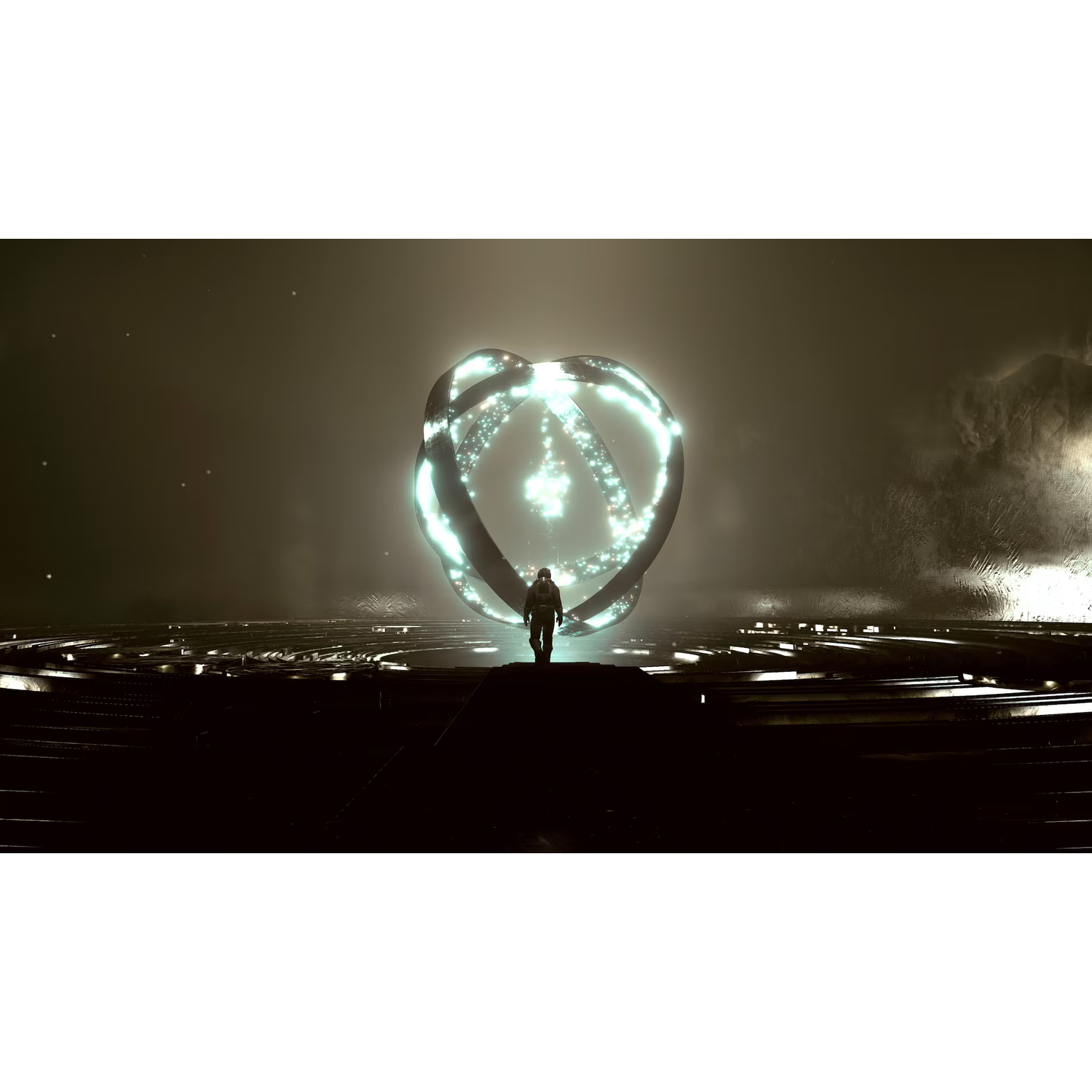 An astronaut stands before a glowing ring object on a dark, metallic platform.