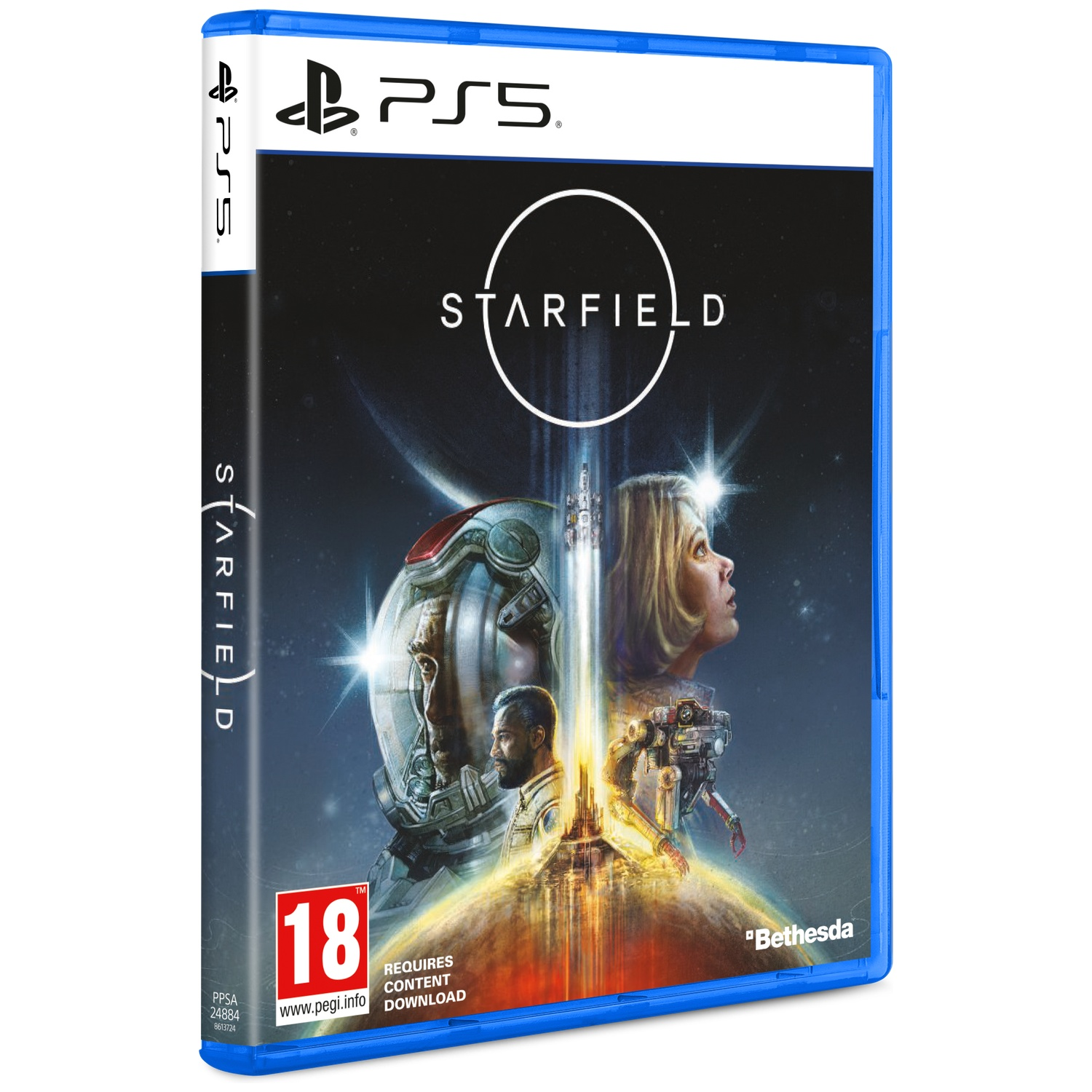 Boîte du jeu Starfield PS5 avec scène spatiale et personnages.