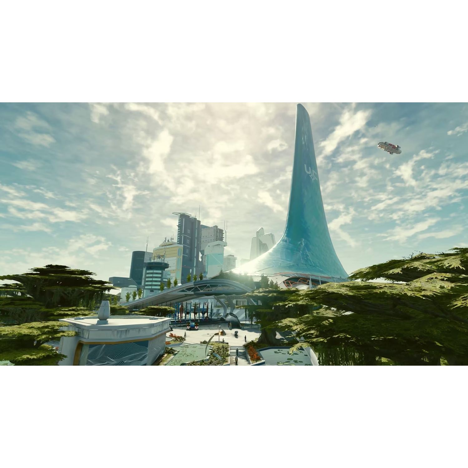 Ville futuriste avec de hauts immeubles, des arbres et un avion dans le ciel.