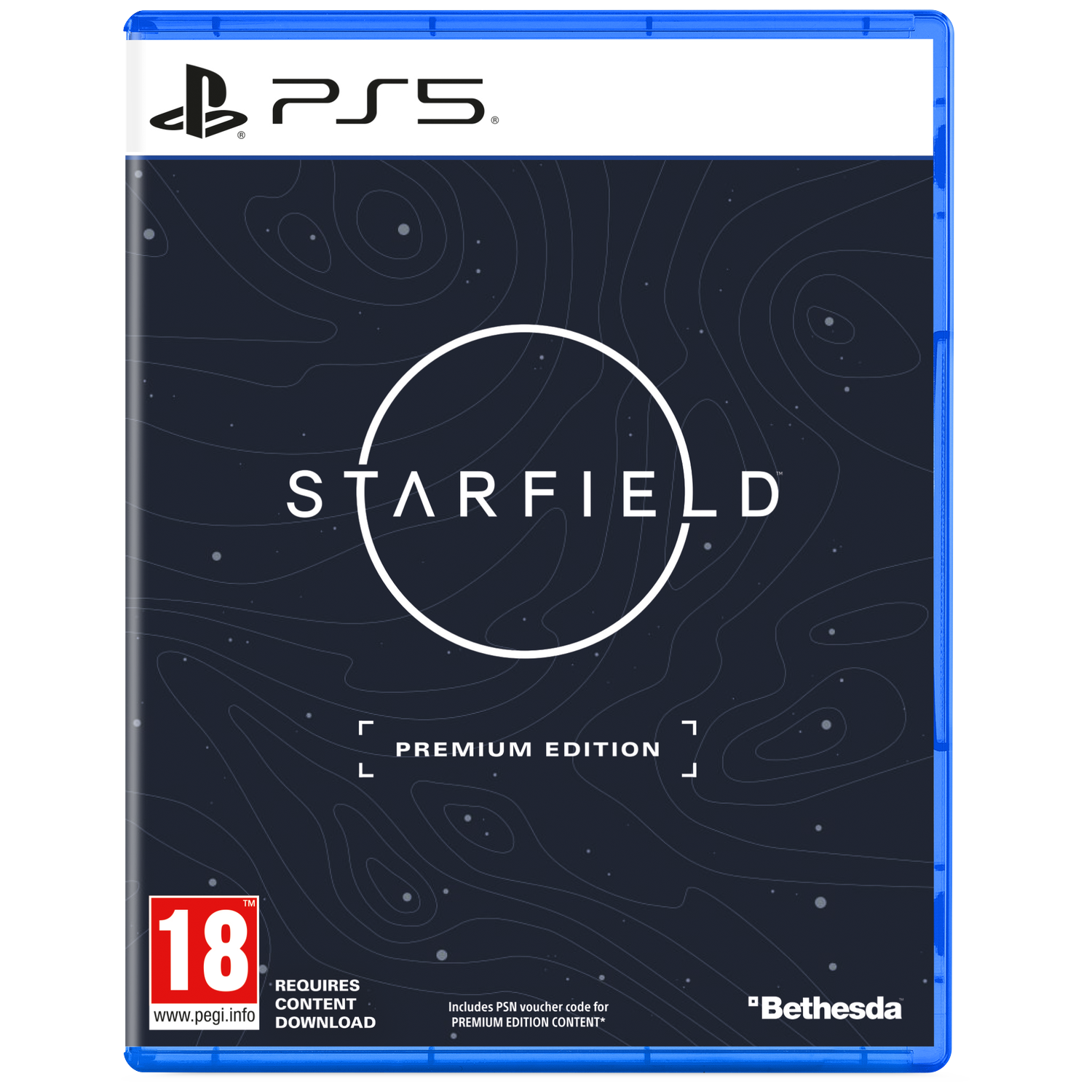 Boîtier PS5 Starfield Édition Premium avec classification PEGI 18 et logo Bethesda.