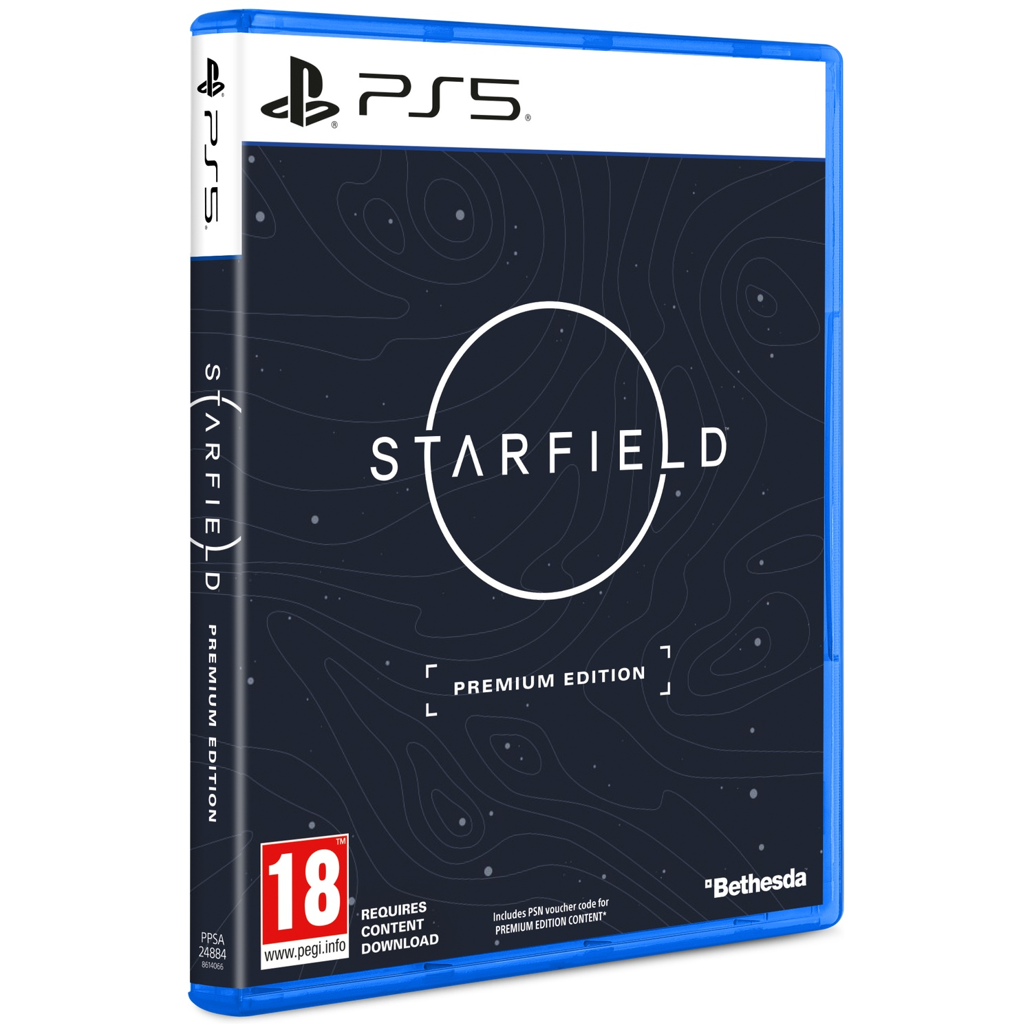 Starfield Premium Edition pour PS5, bleu foncé avec motif d'étoiles et cercle blanc.