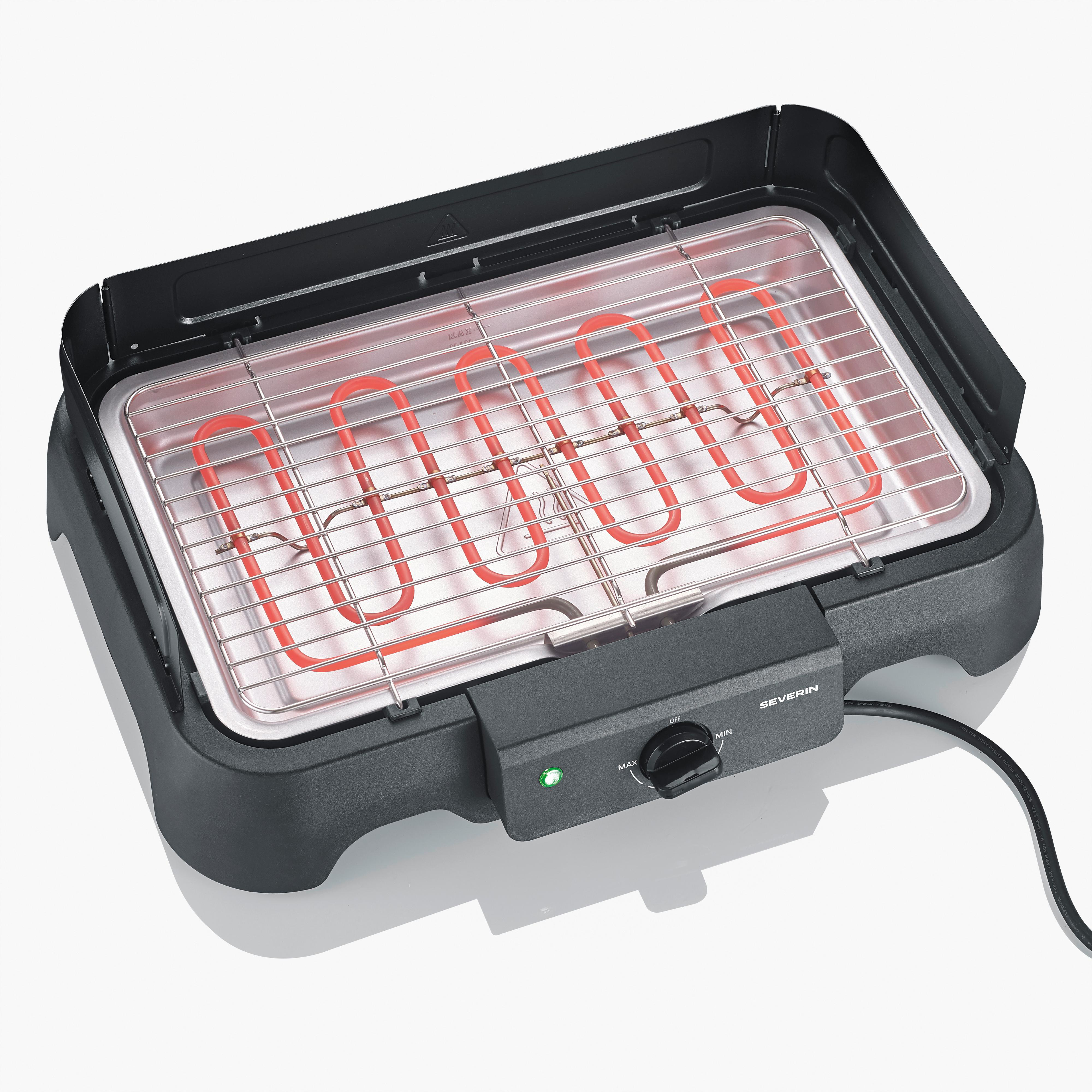 Ein elektrischer Tischgrill mit glühenden roten Heizelementen und einem Grillrost.