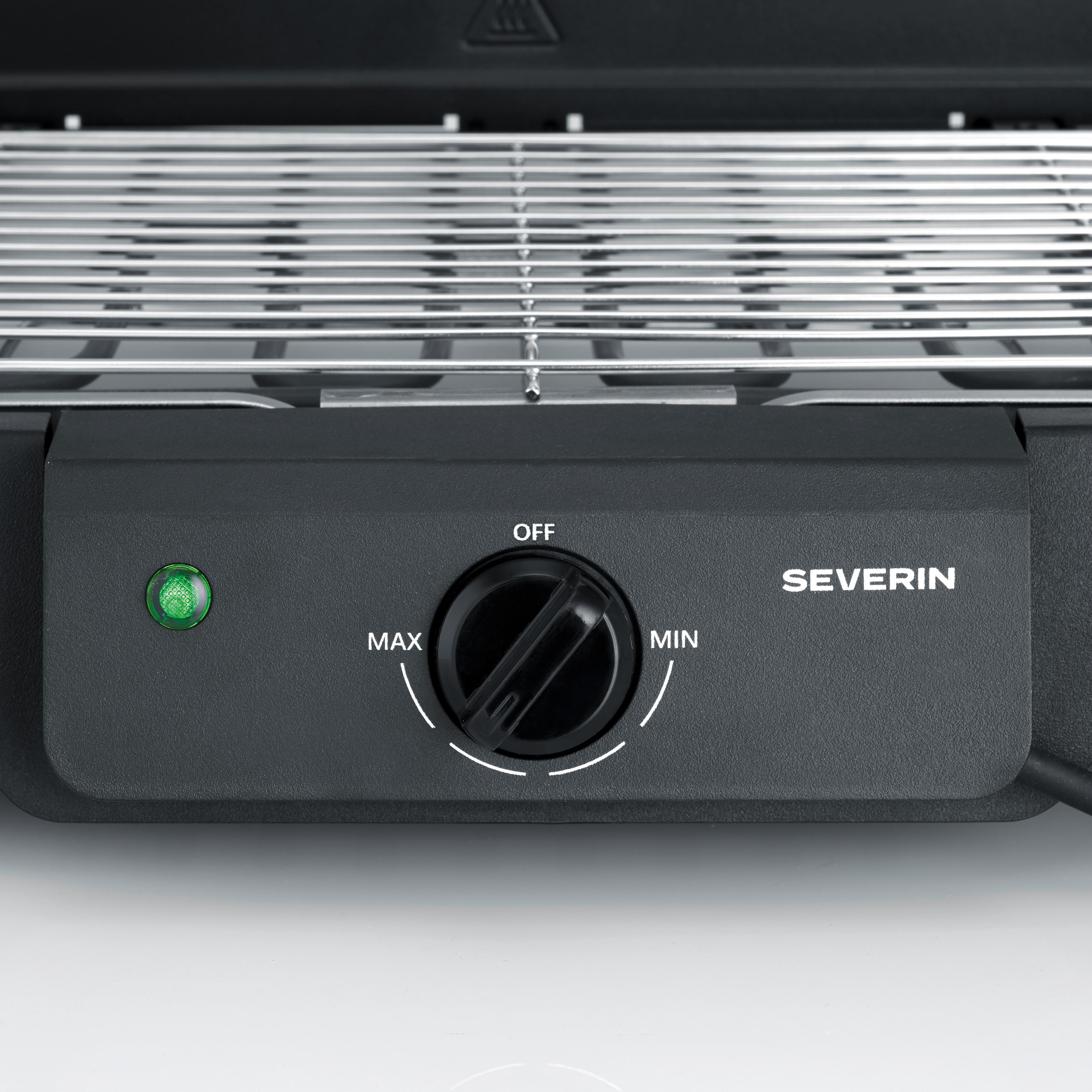 Ein schwarzer Severin-Grill mit einem grünen Licht und einem Drehknopf.