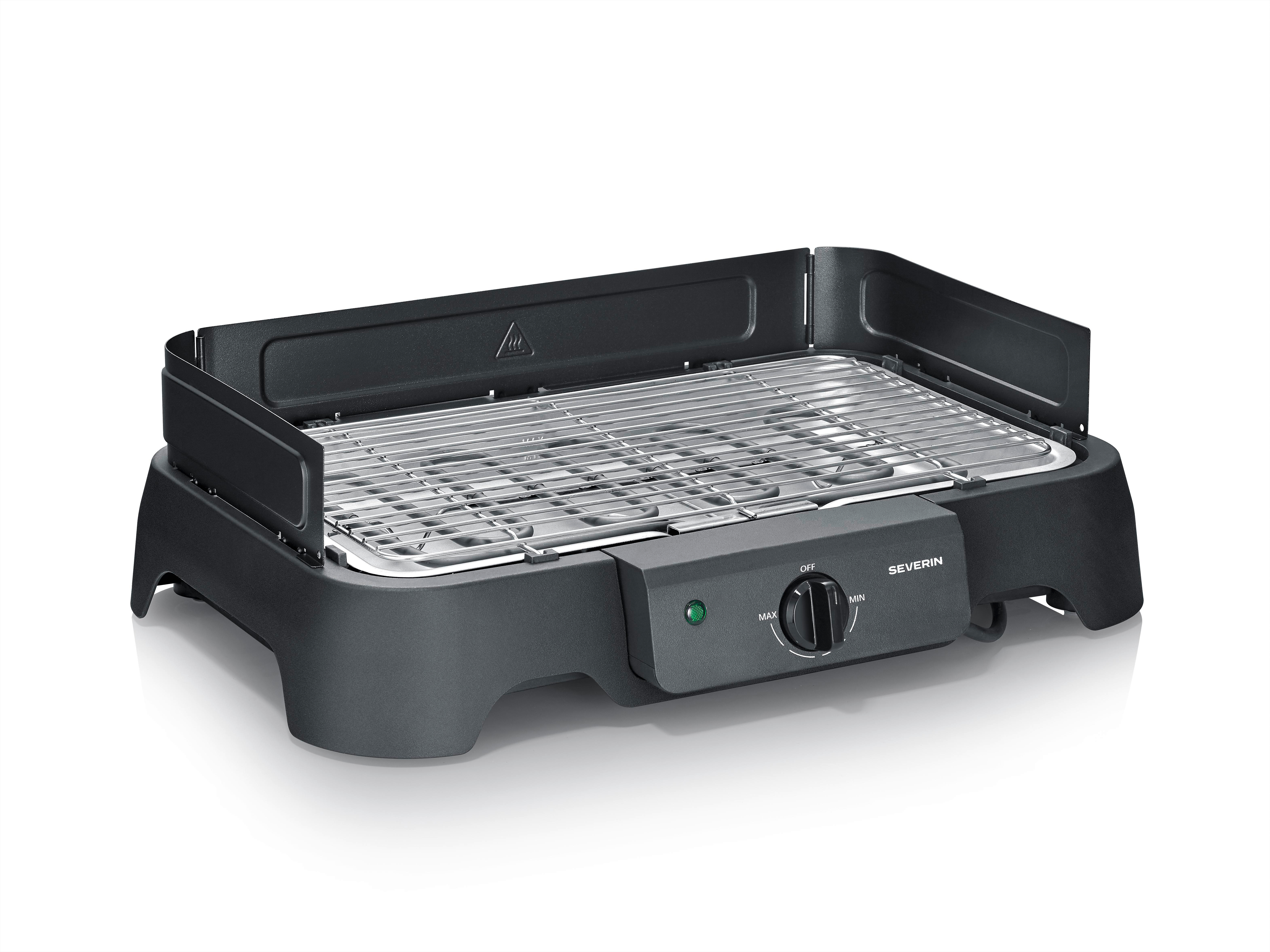 Ein schwarzer Elektrogrill mit Chromrost und Windschutz.