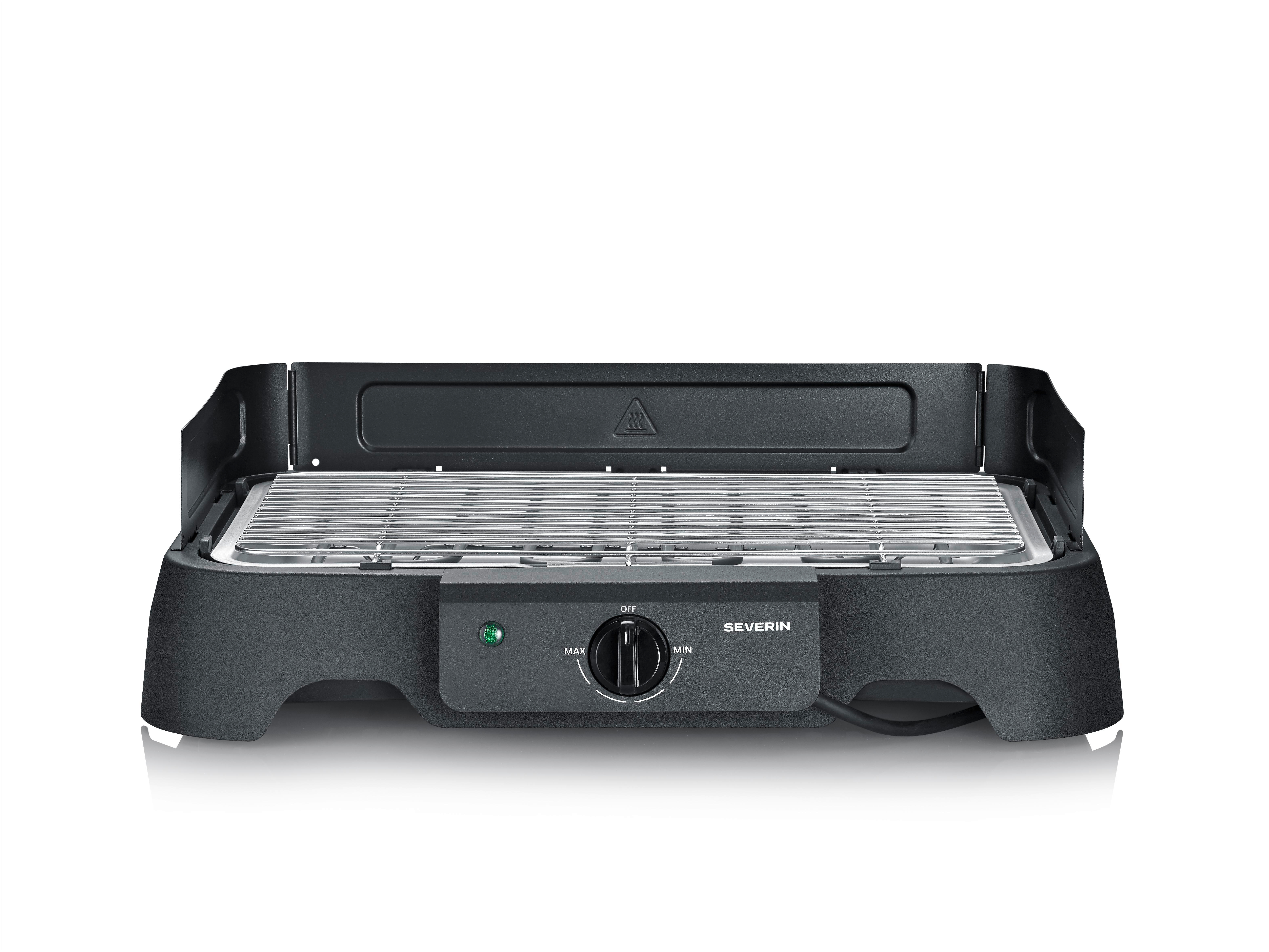 Ein schwarzer Elektrogrill mit Chromrost und Temperaturregler.