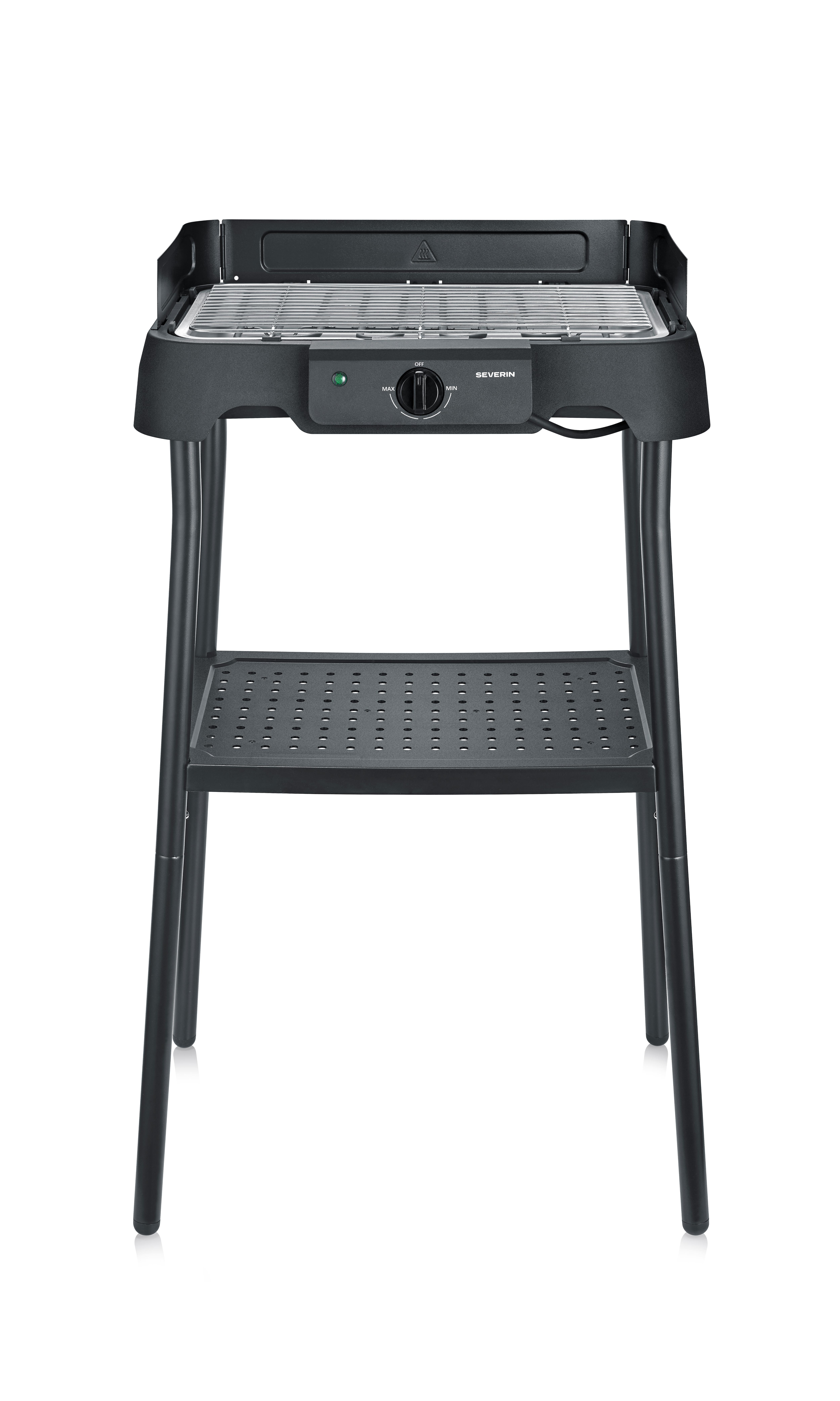 Ein schwarzer Elektrogrill mit Metallrost und Ablage auf Beinen.