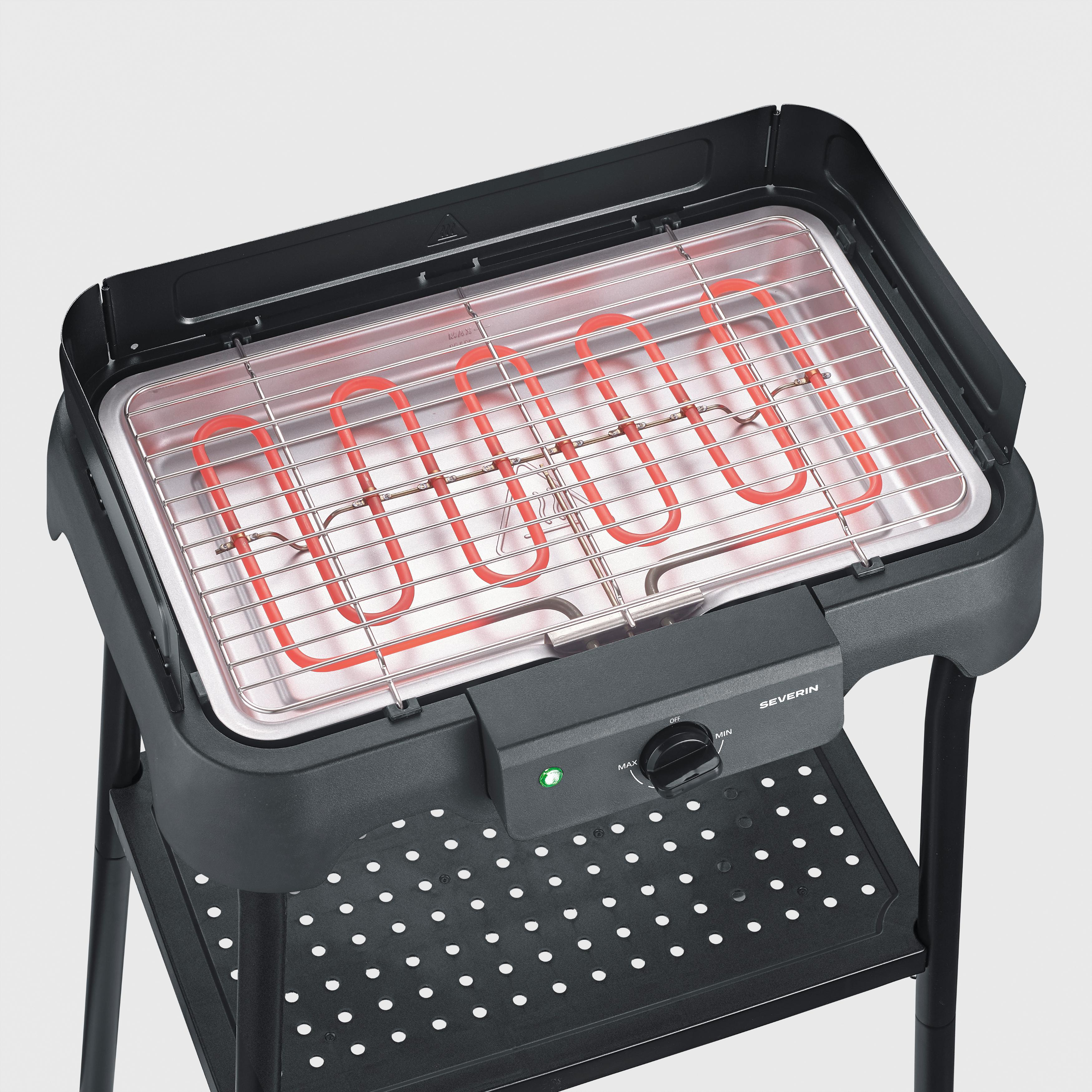 Elektrischer Grill mit roten Heizspiralen und Chromrost.