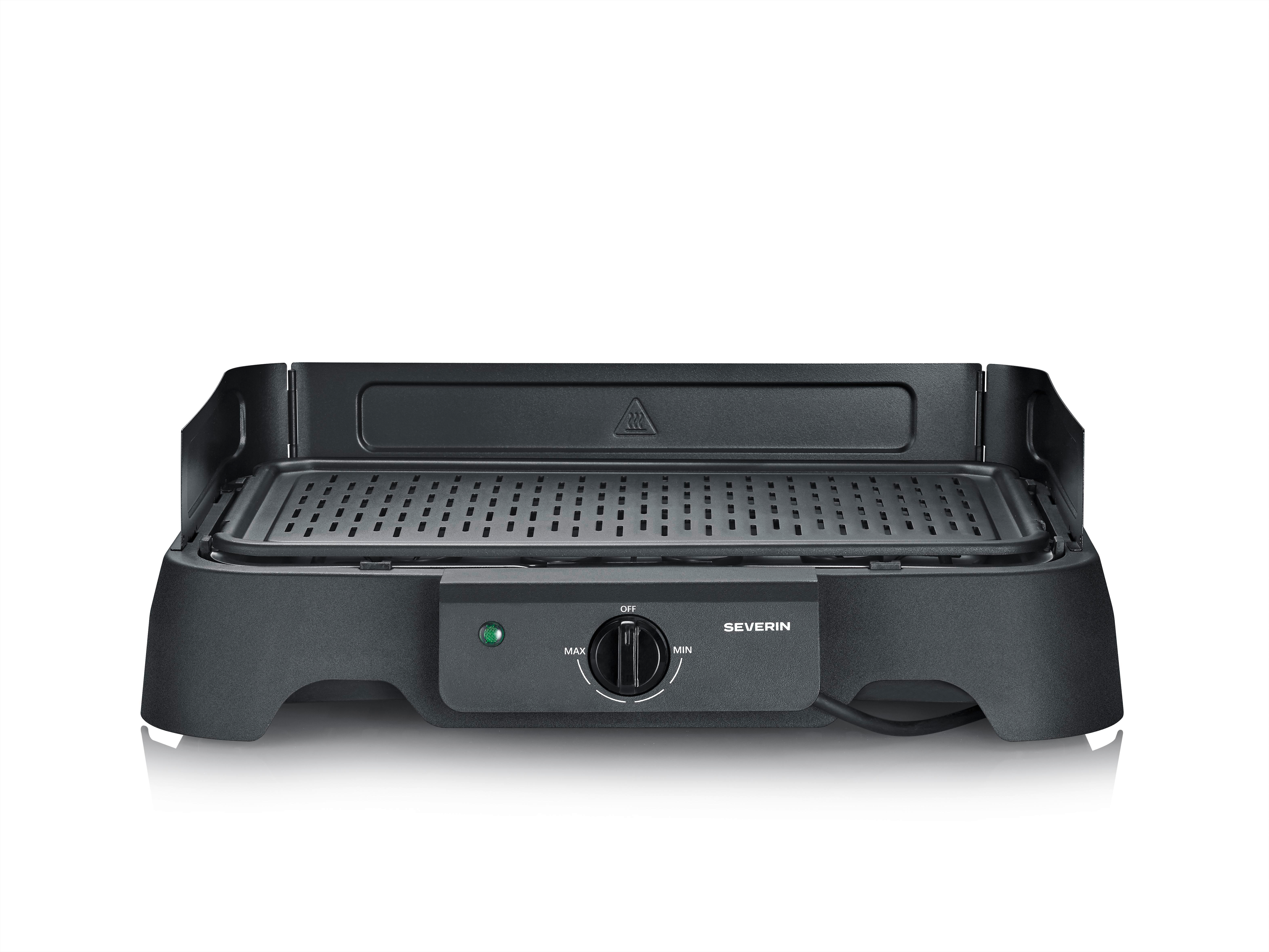 Ein schwarzer Elektrogrill mit Temperaturregler und Windschutz.