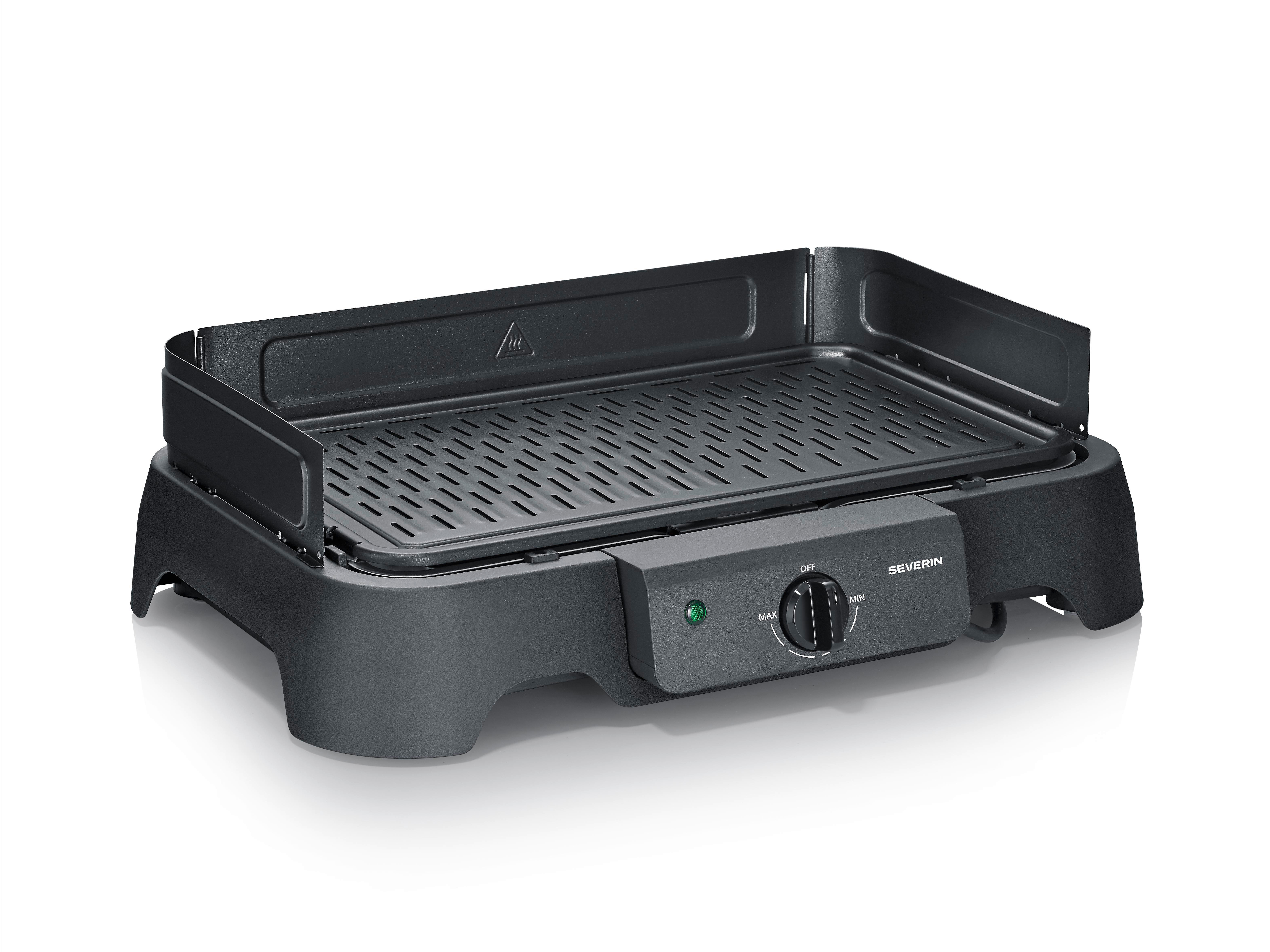 Ein schwarzer Tischgrill mit Temperaturregler und einer Grillfläche.