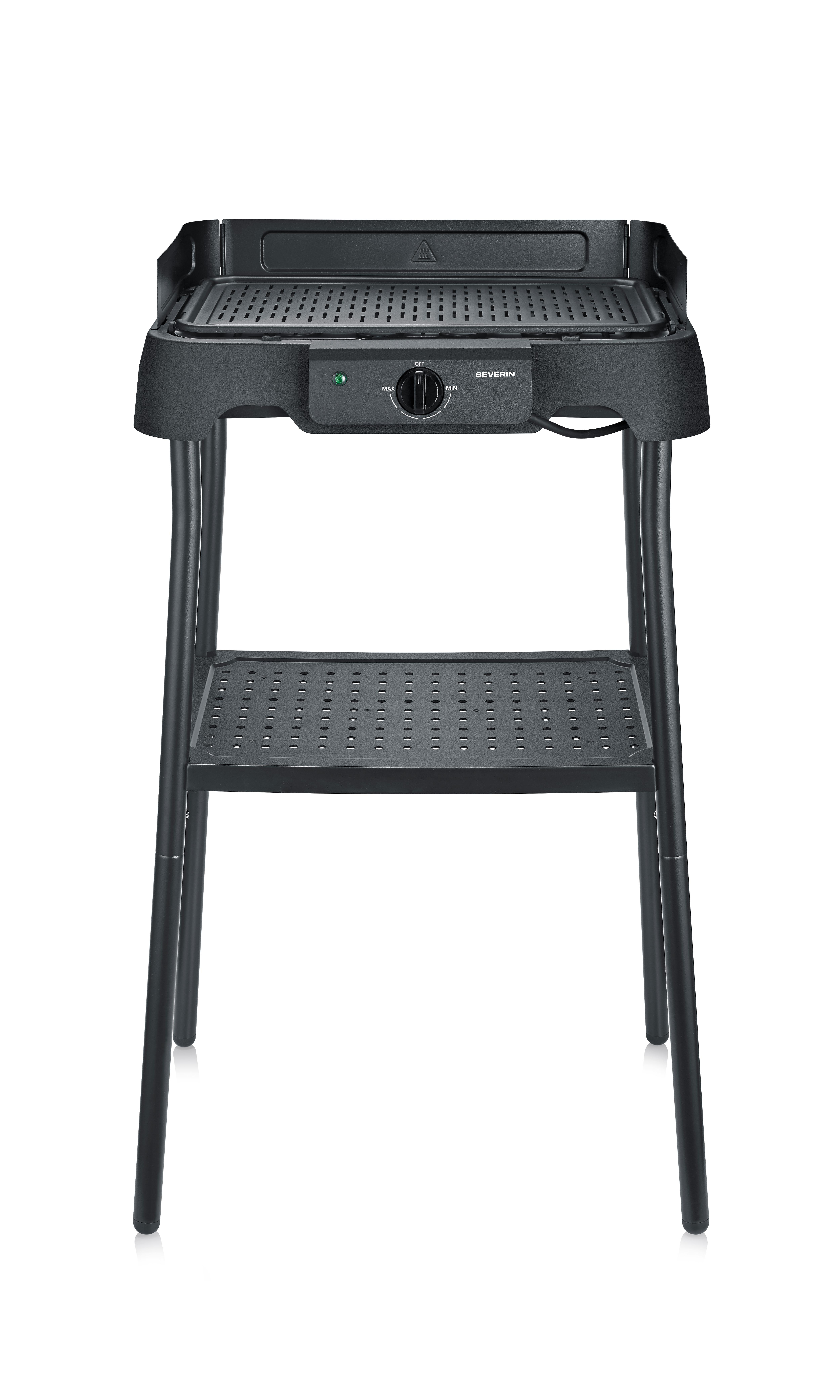 Ein schwarzer Elektrogrill mit Ständer und Ablage auf weißem Hintergrund.