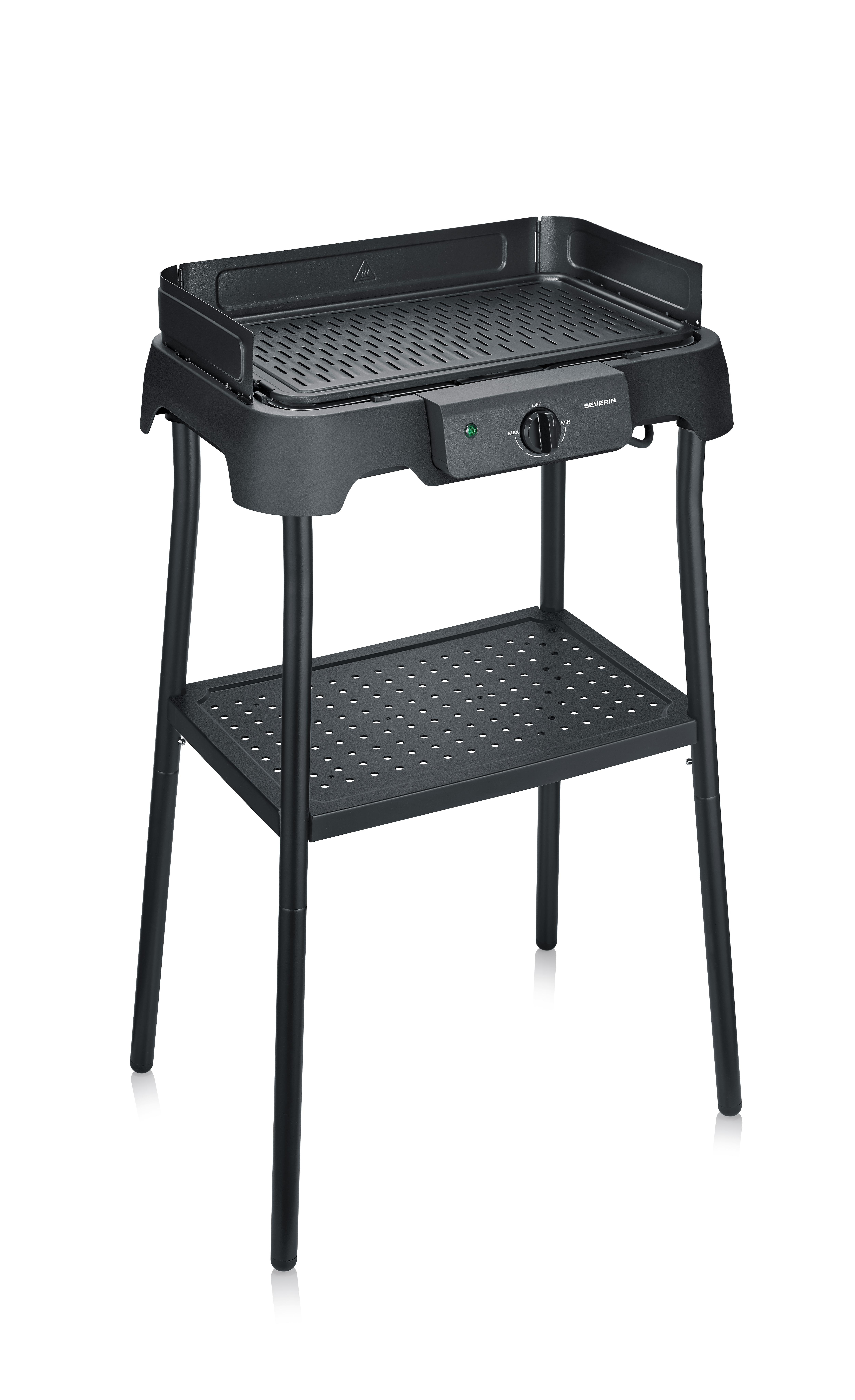 Ein schwarzer Elektrogrill auf einem Ständer mit zwei Ablagen.