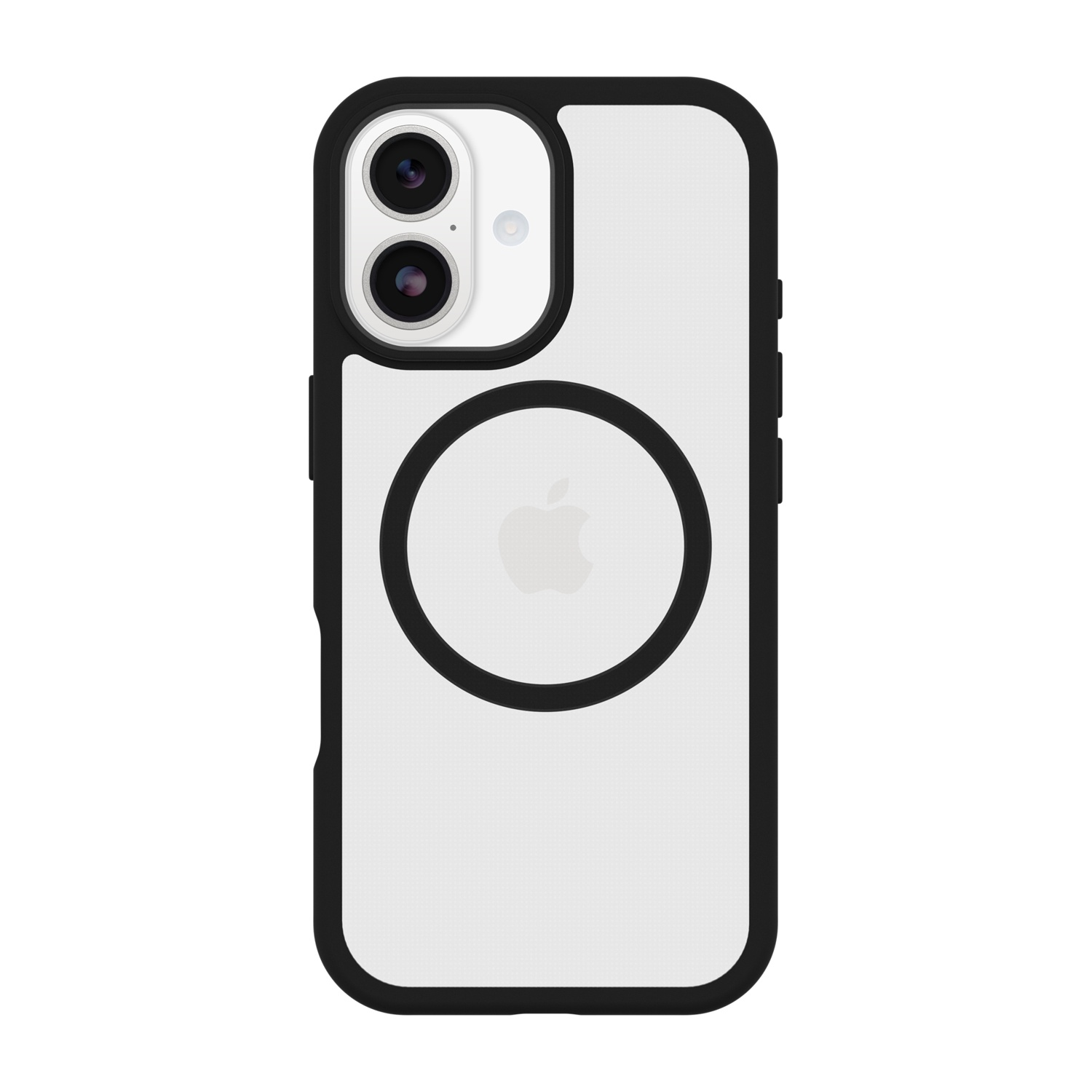 Una custodia per telefono bianca e nera con due fotocamere e logo Apple.
