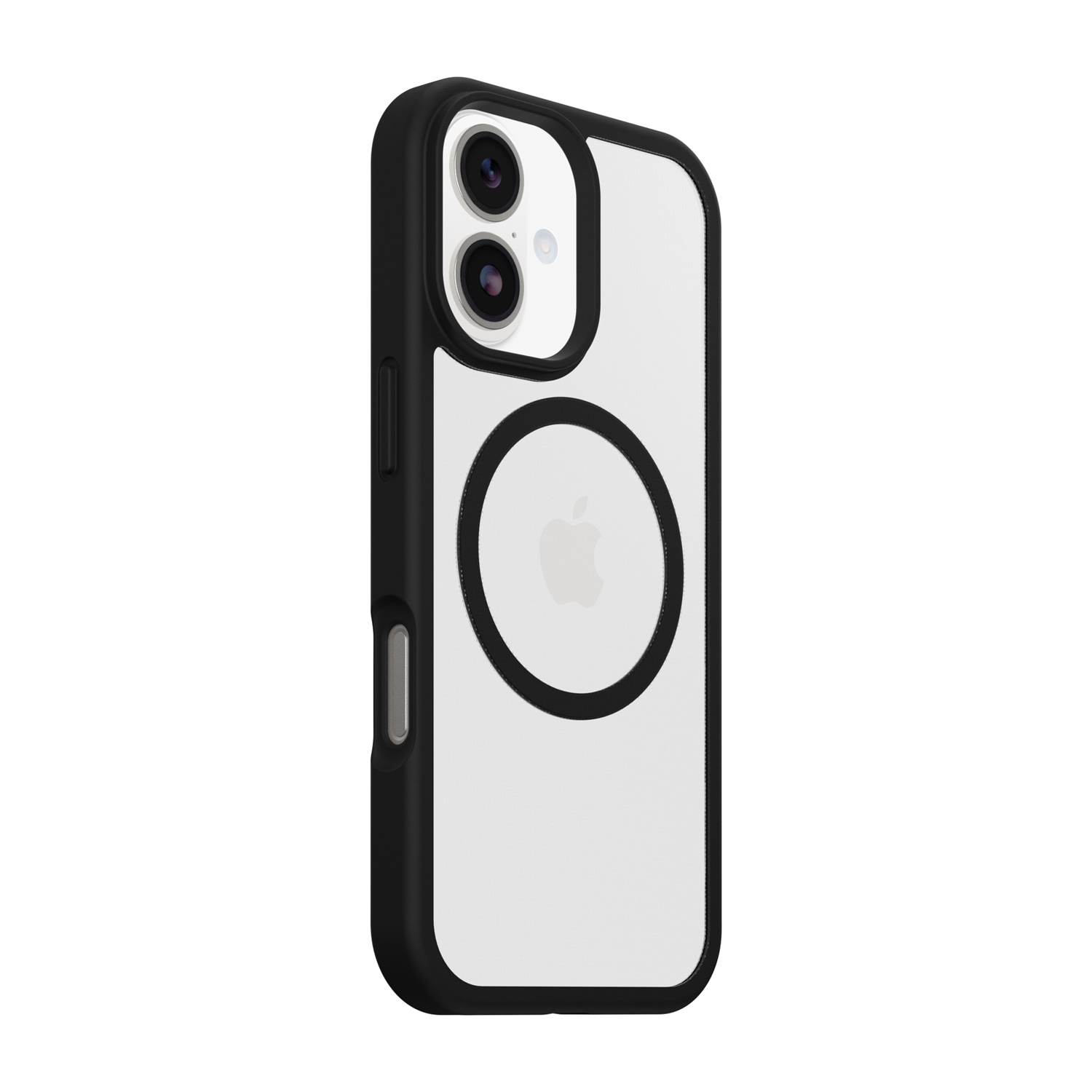 Custodia nera per iPhone con retro trasparente e logo Apple. Doppia fotocamera.