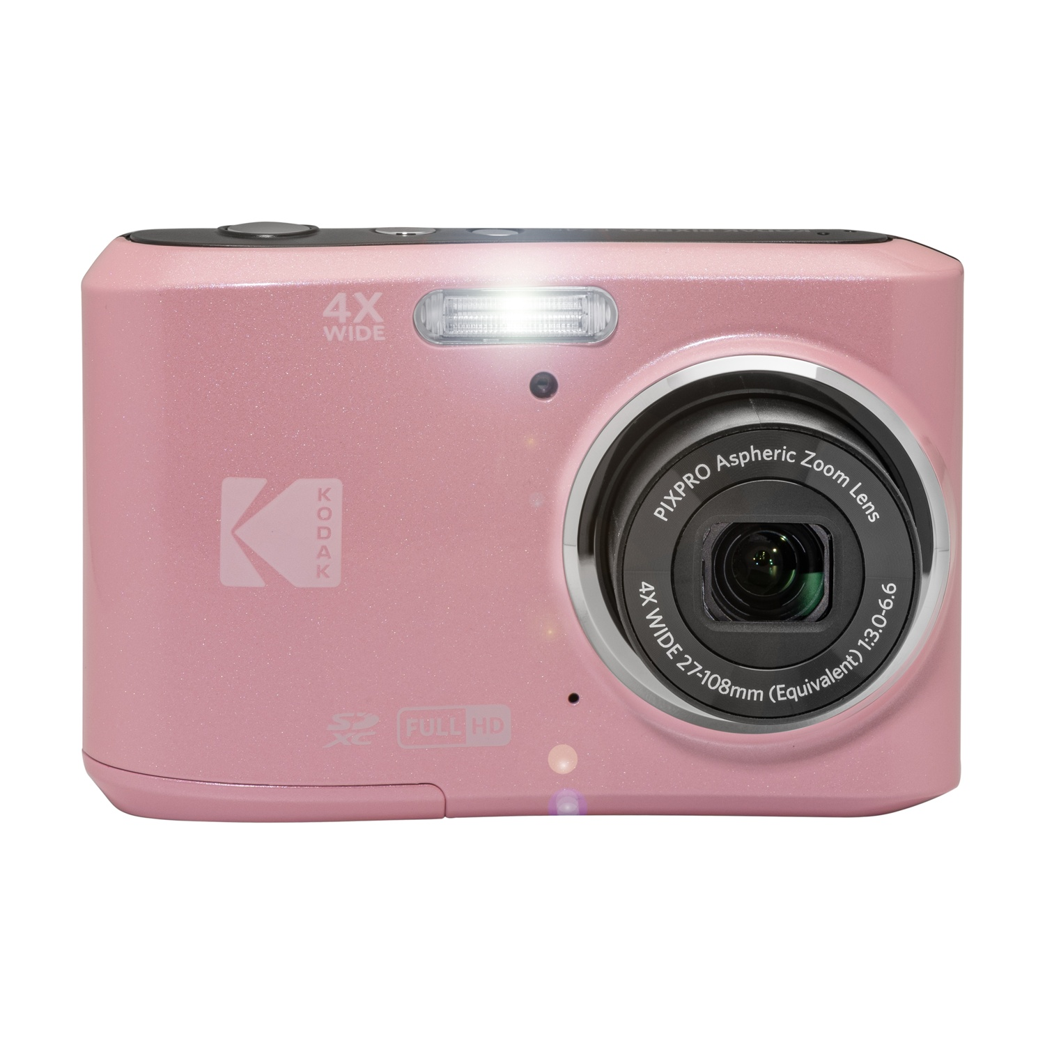 Una fotocamera digitale Kodak rosa con flash e obiettivo zoom.