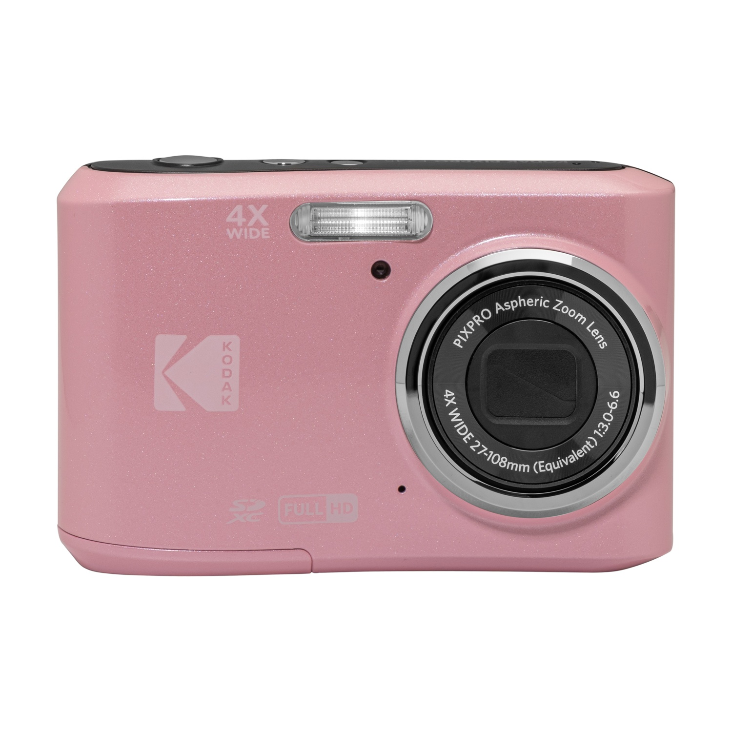 Una fotocamera digitale Kodak rosa scintillante con zoom ottico grandangolare 4x.