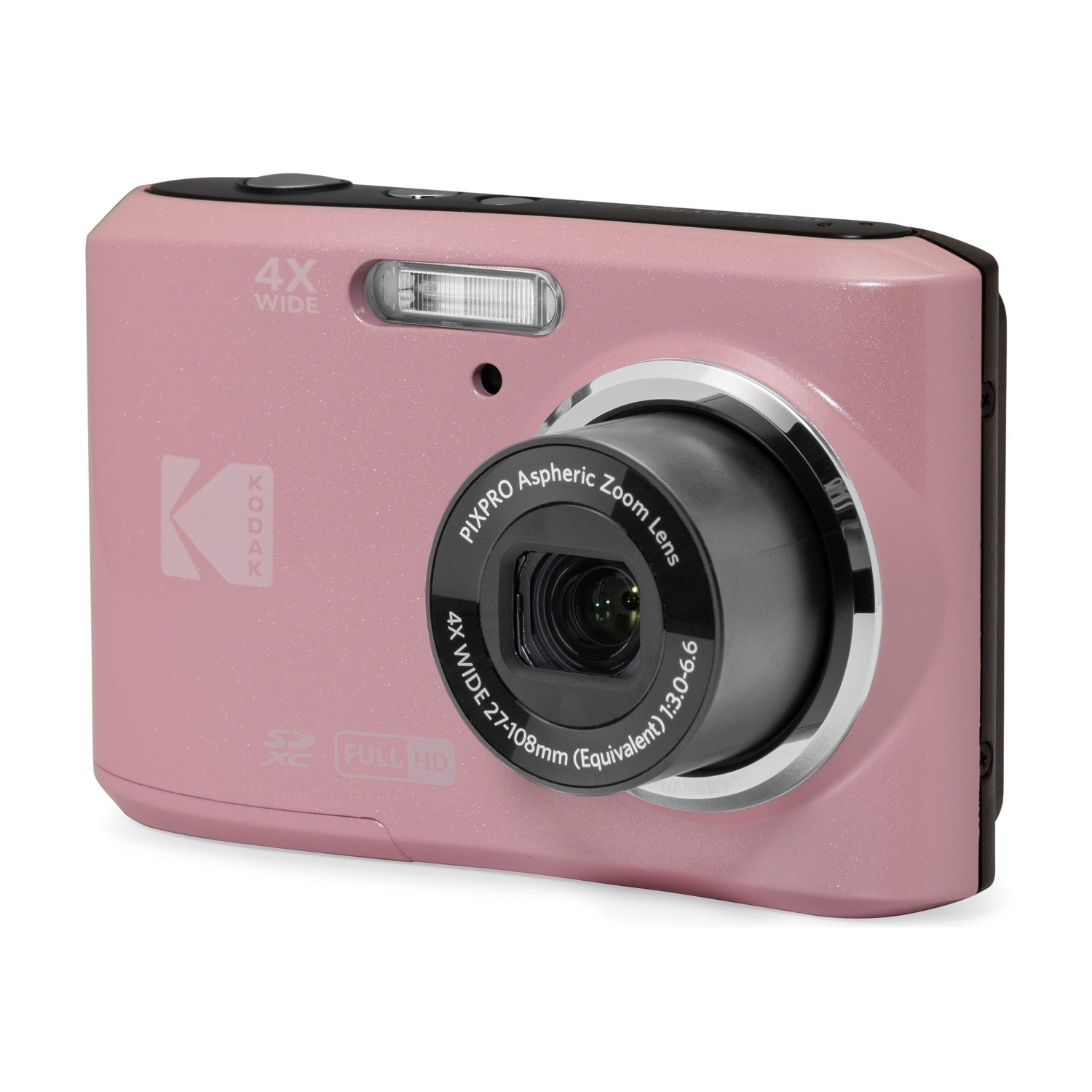 Una fotocamera digitale Kodak rosa con obiettivo grandangolare 4x e flash integrato.