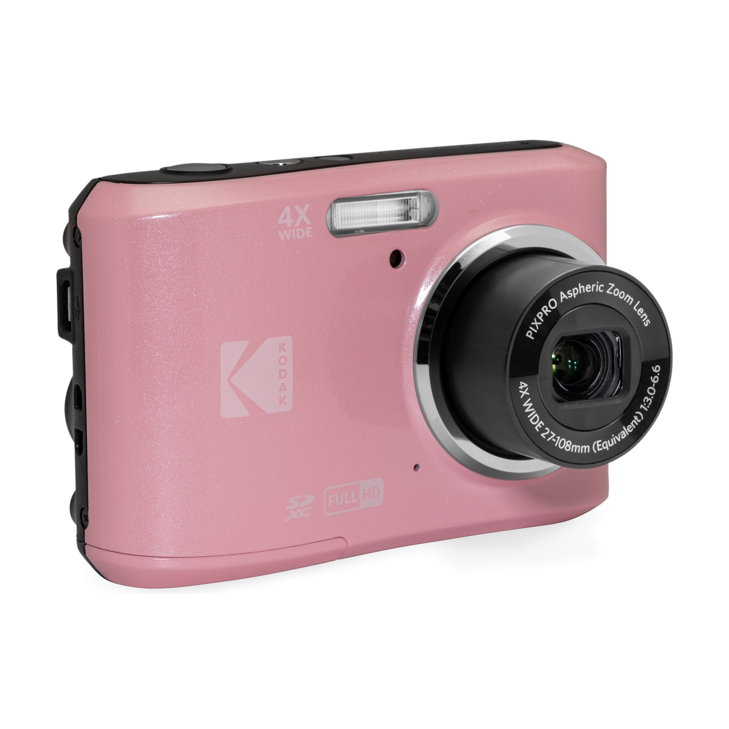Una fotocamera digitale Kodak rosa con obiettivo zoom grandangolare 4x.