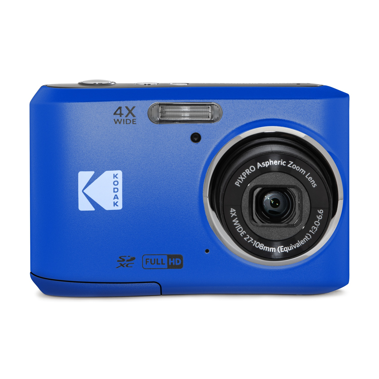 Una fotocamera digitale Kodak blu con obiettivo grandangolare 4x e registrazione Full HD.