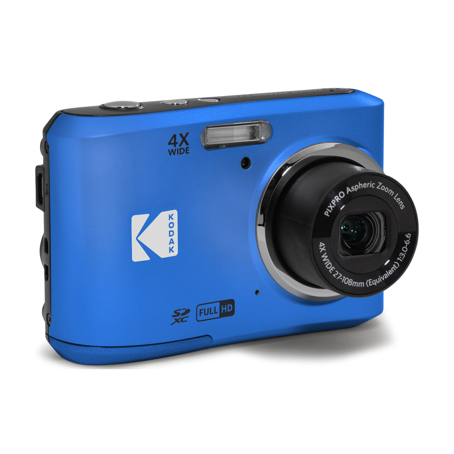 Fotocamera digitale Kodak blu con obiettivo 4x grandangolare e flash.