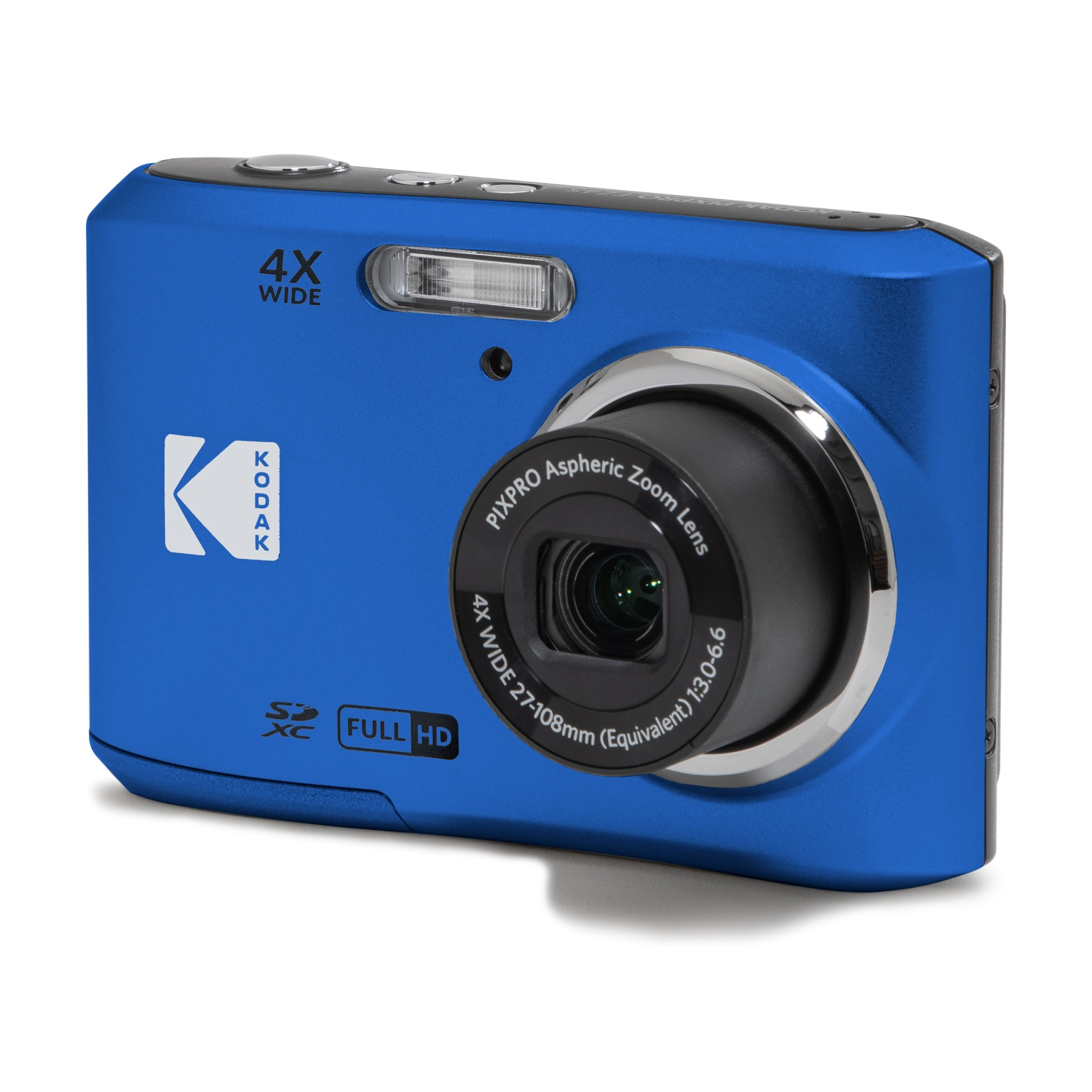 Fotocamera digitale Kodak blu con zoom e flash.