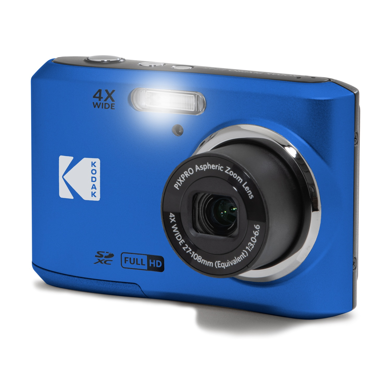 Fotocamera digitale Kodak blu con flash, obiettivo grandangolare 4x ed etichetta SDXC Full HD.