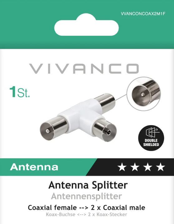 Ein weißer Antennensplitter mit zwei Anschlüssen.