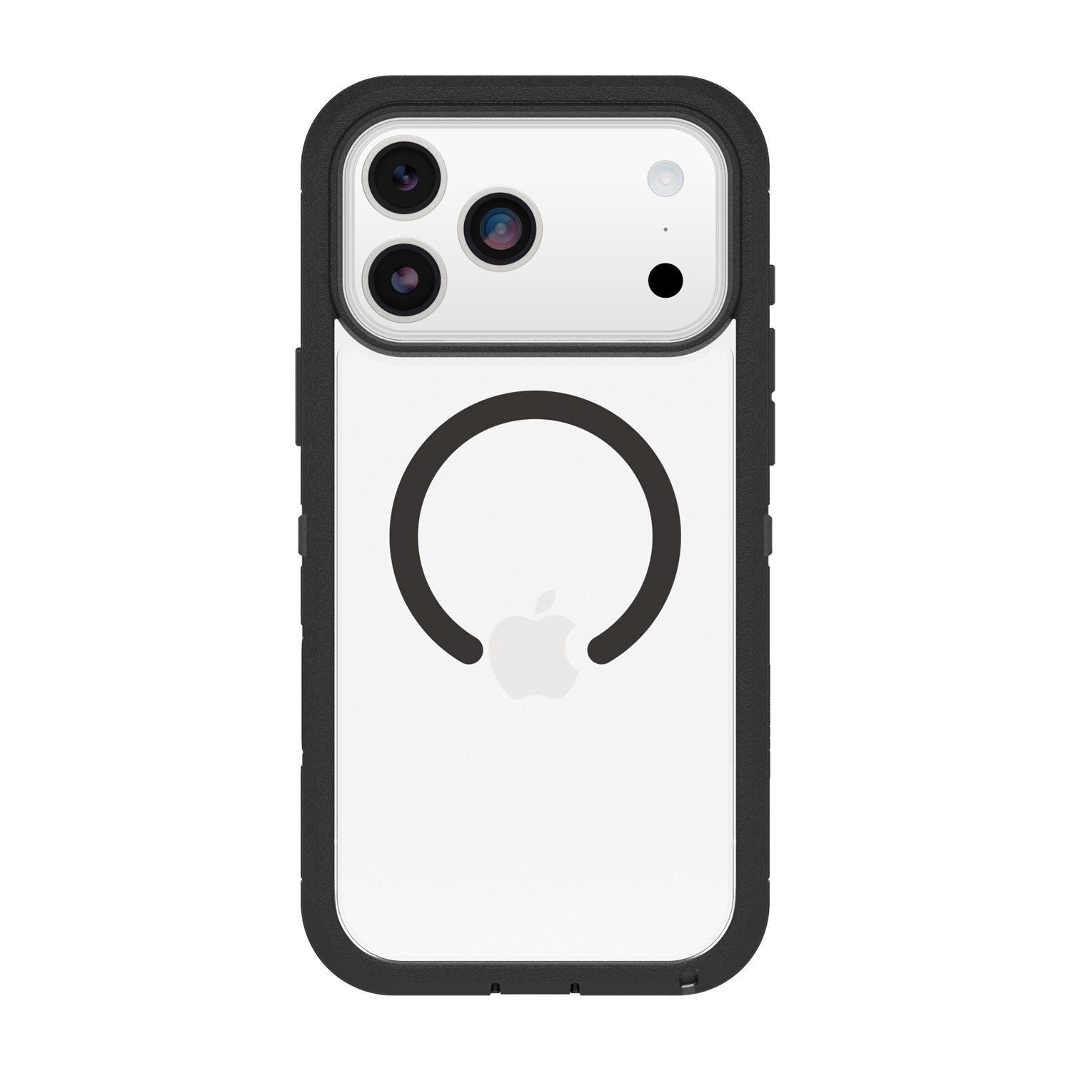 Una custodia nera per iPhone con retro trasparente e logo Apple.